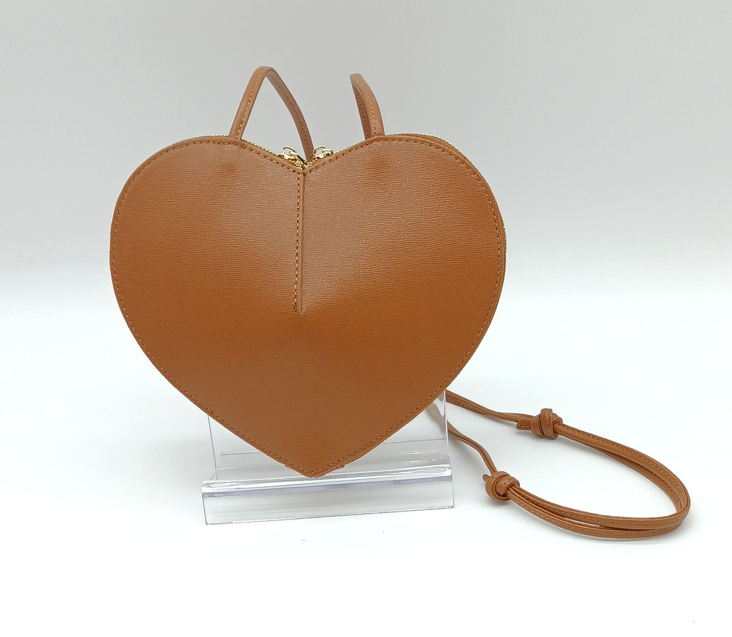 Genuine Saffiano Leather Heart Crossbody Handbag – Made In Italy - Cognac Brown