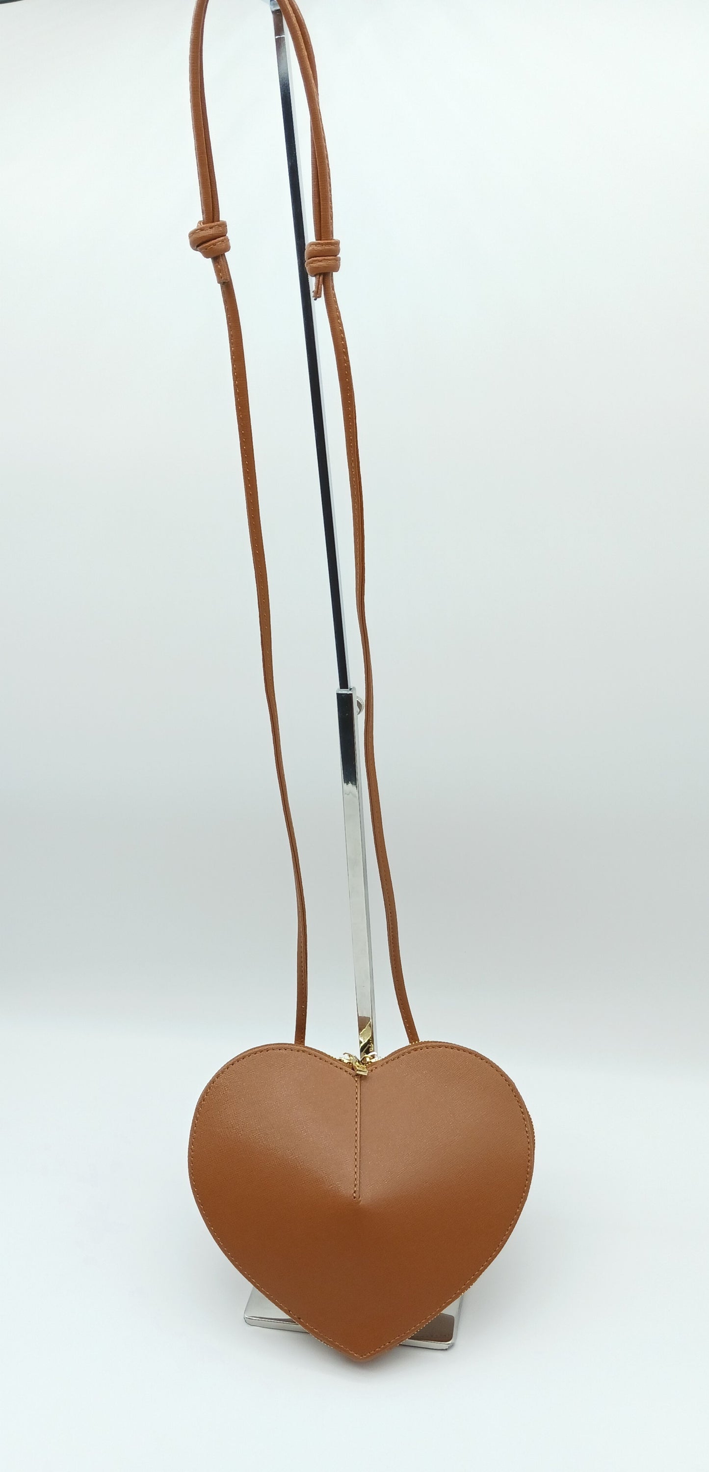 Genuine Saffiano Leather Heart Crossbody Handbag – Made In Italy - Cognac Brown