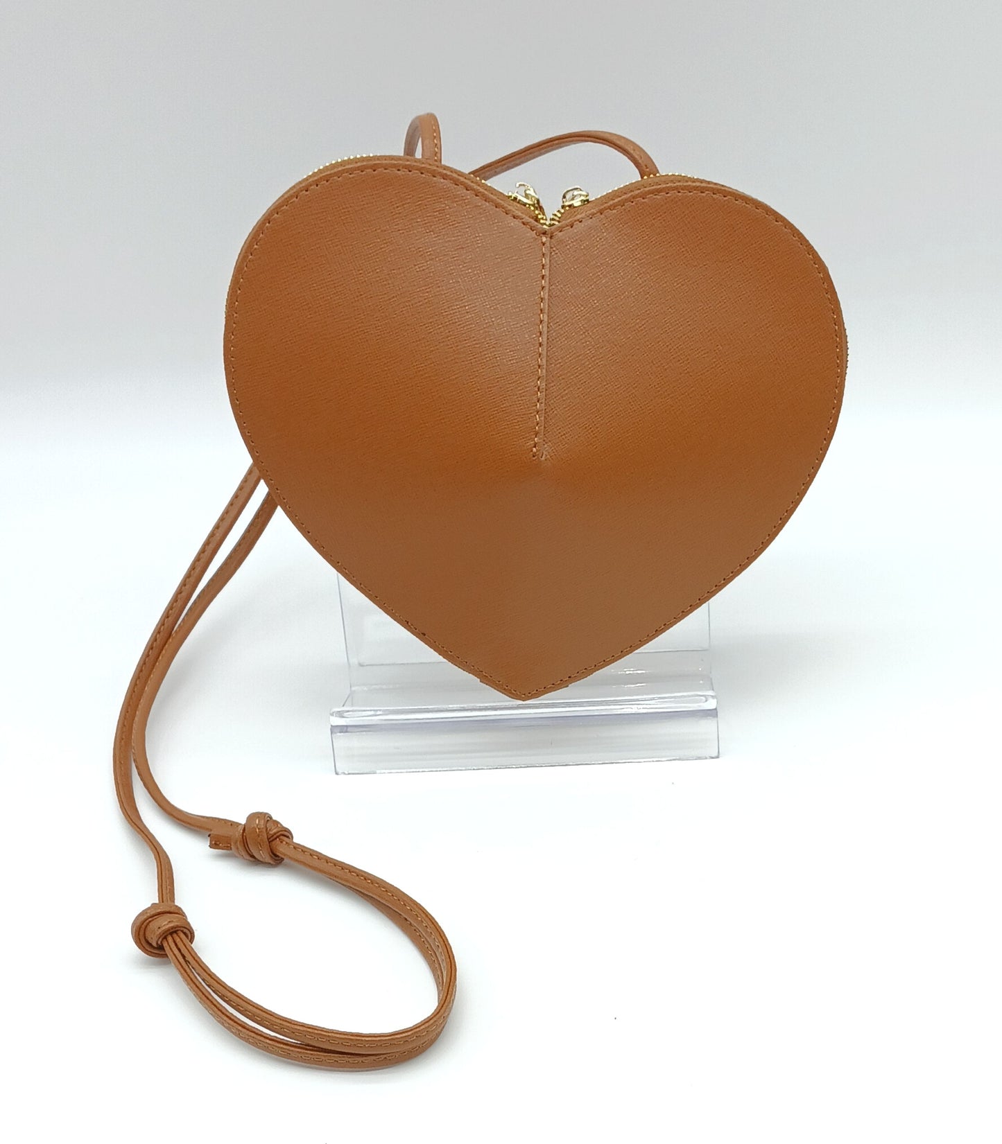 Genuine Saffiano Leather Heart Crossbody Handbag – Made In Italy - Cognac Brown