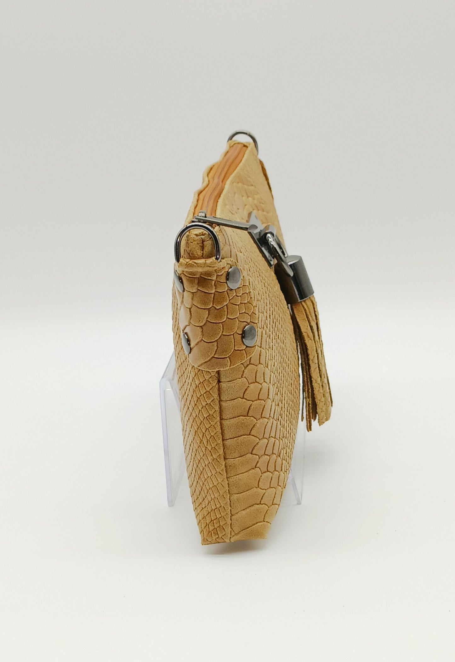 Snake Embossed Genuine Leather Crossbody Handbag - Cognac Brown – Made In Italy