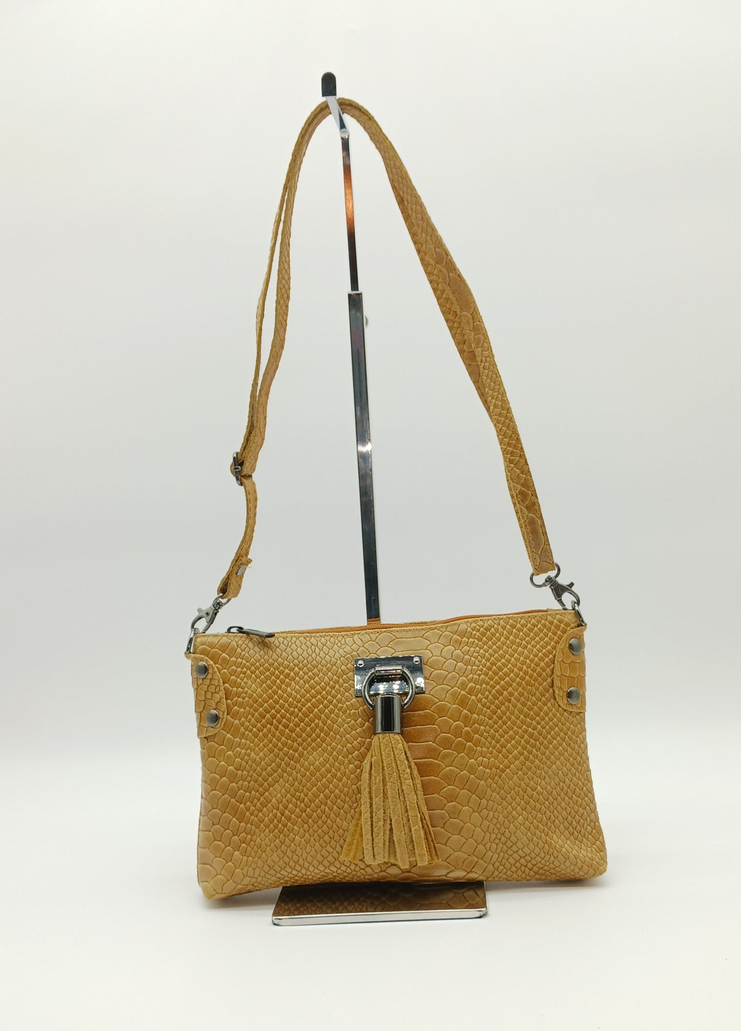 Snake Embossed Genuine Leather Crossbody Handbag - Cognac Brown – Made In Italy