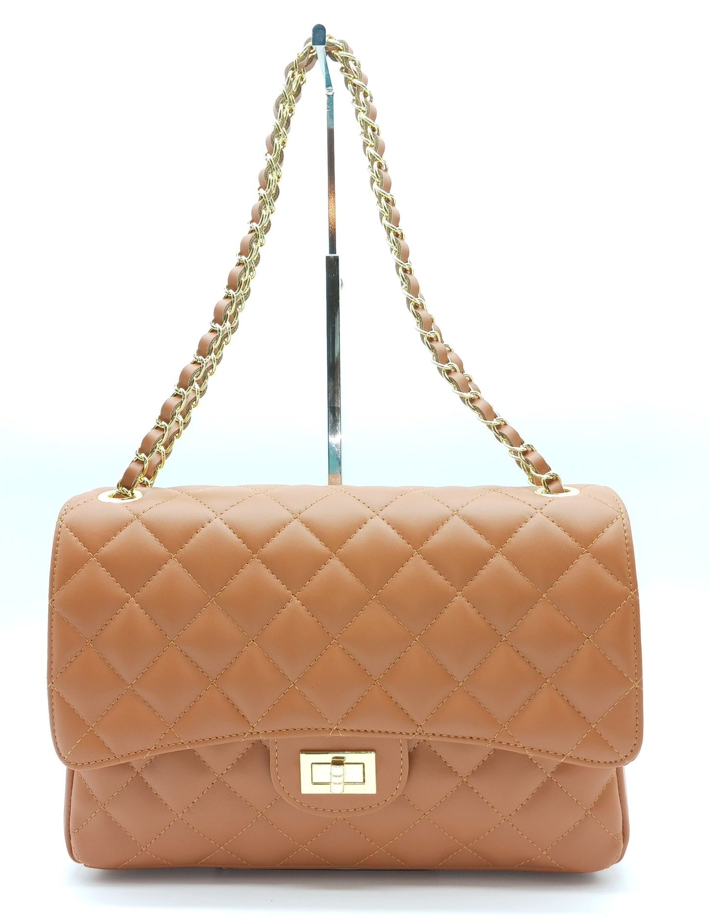 Genuine Leather Quilted Handbag (X-Large) Cognac Brown – Made In Italy