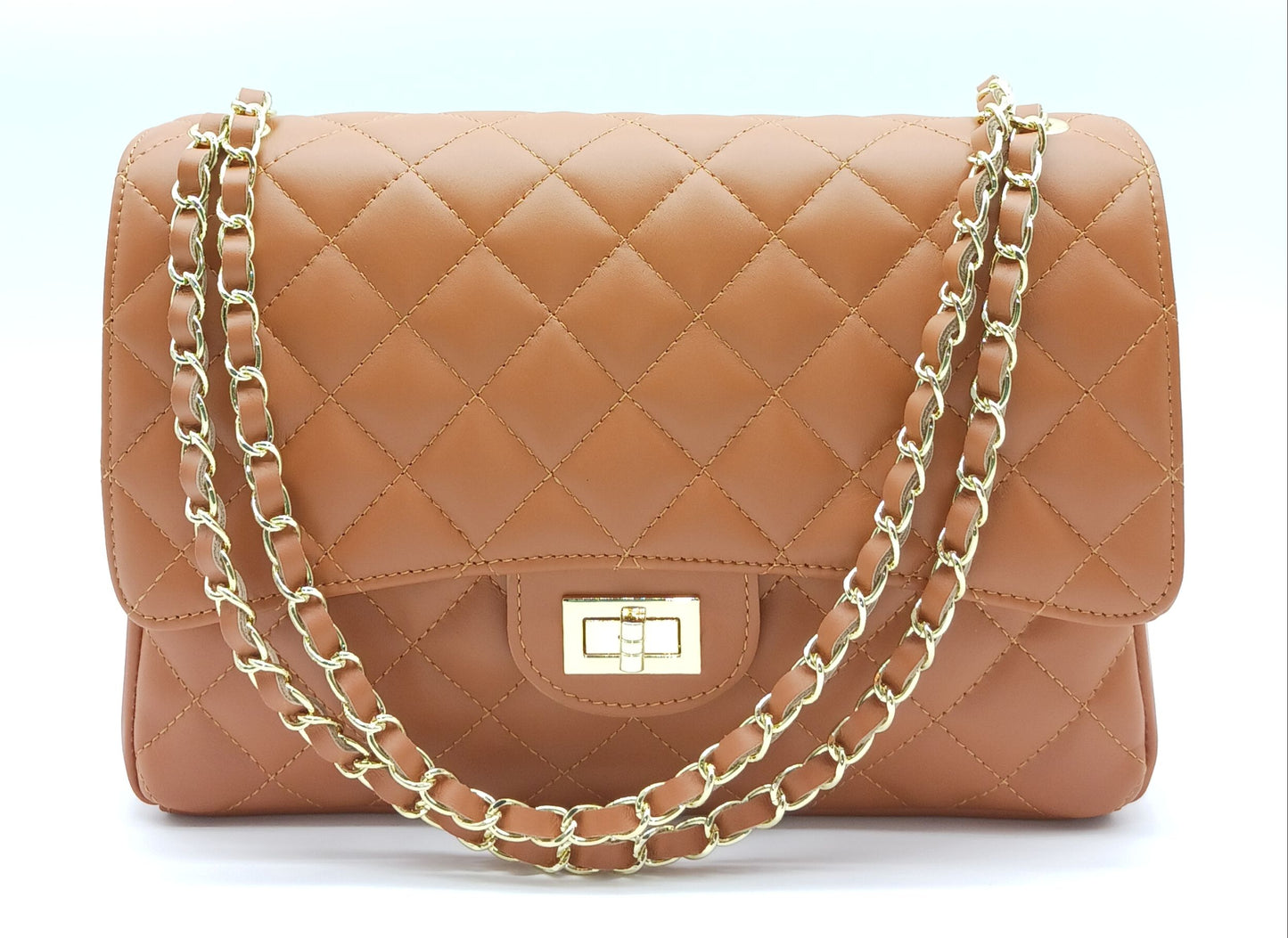 Genuine Leather Quilted Handbag (X-Large) Cognac Brown – Made In Italy