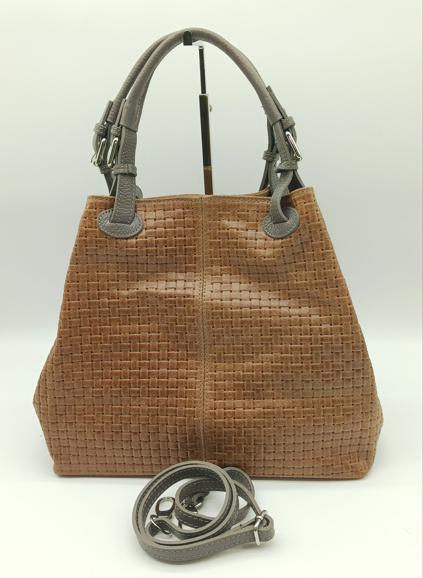 Genuine Leather Shoulder Bag Tote – Made In Italy - Cognac Brown & Dark Taupe
