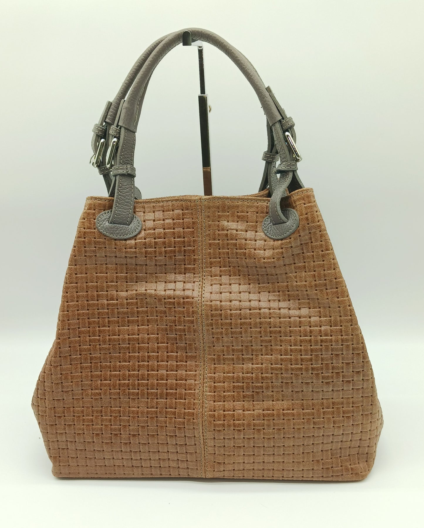 Genuine Leather Shoulder Bag Tote – Made In Italy - Cognac Brown & Dark Taupe