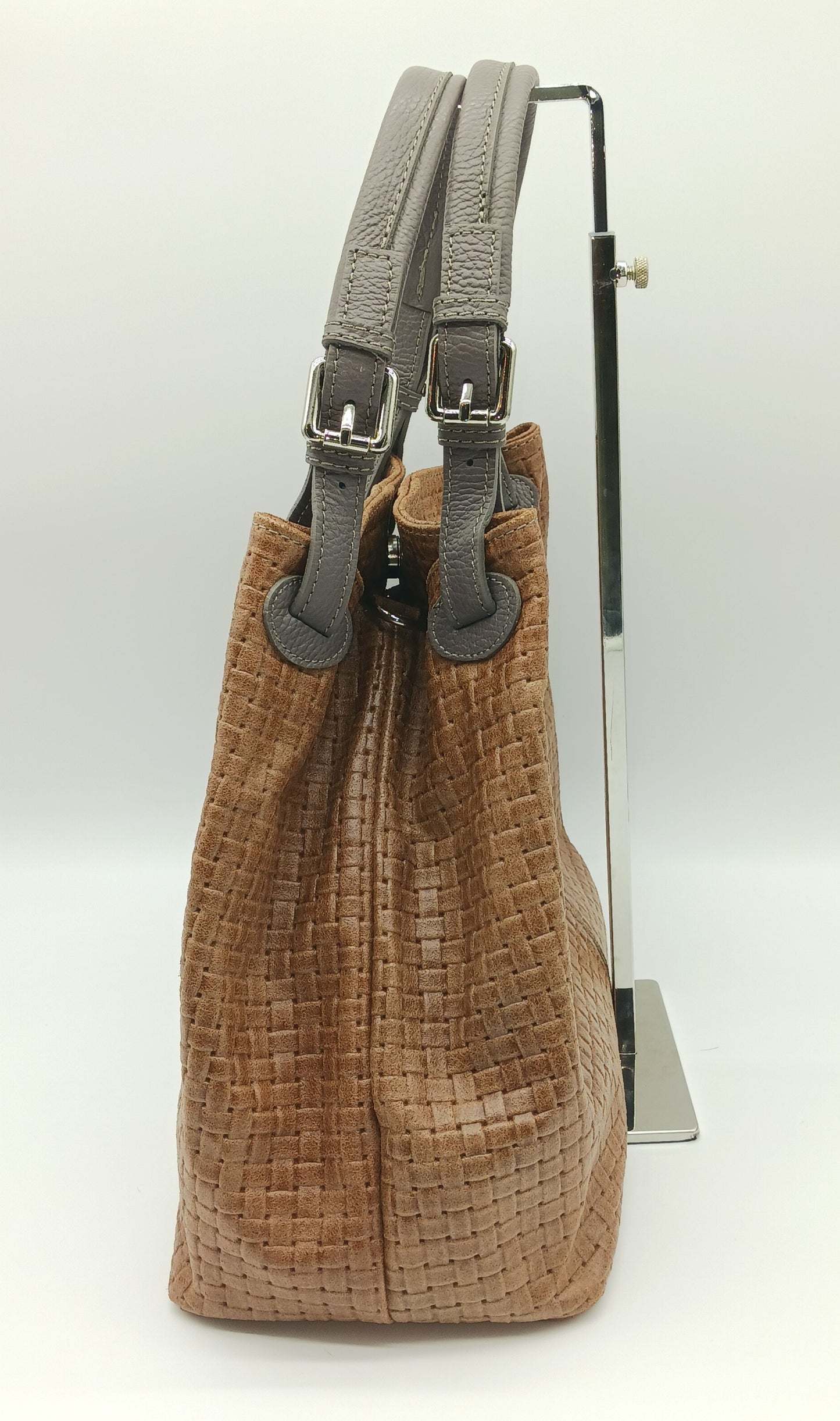 Genuine Leather Shoulder Bag Tote – Made In Italy - Cognac Brown & Dark Taupe