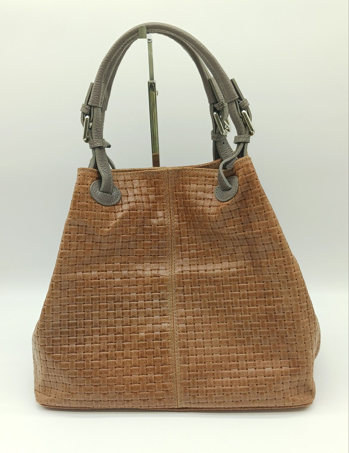 Genuine Leather Shoulder Bag Tote – Made In Italy - Cognac Brown & Dark Taupe