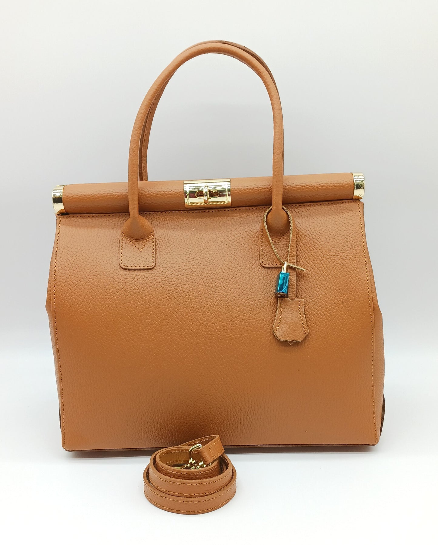 Lock & Key Genuine Pebble Leather Handbag Satchel - Cognac Brown – Made In Italy