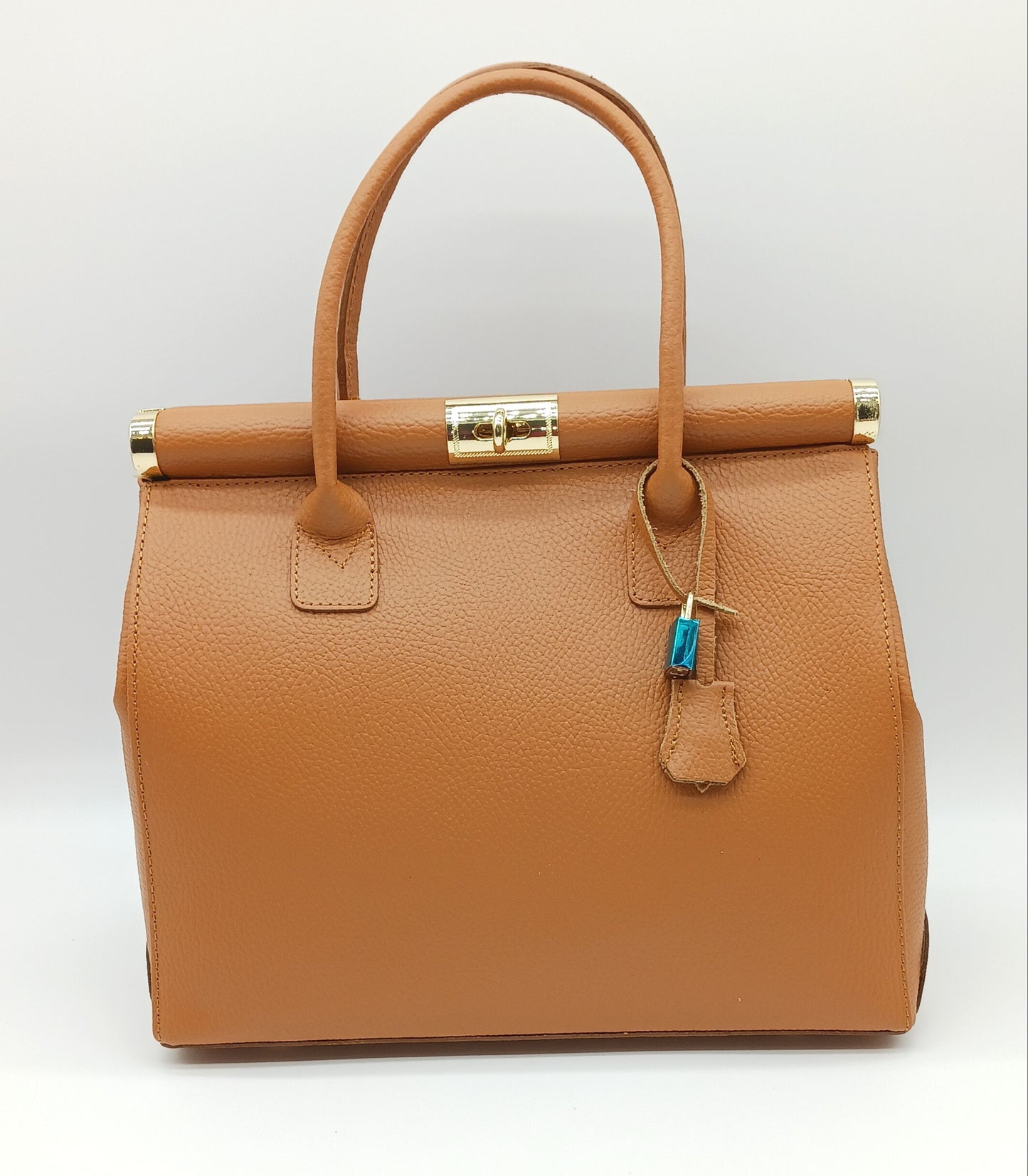 Lock & Key Genuine Pebble Leather Handbag Satchel - Cognac Brown – Made In Italy