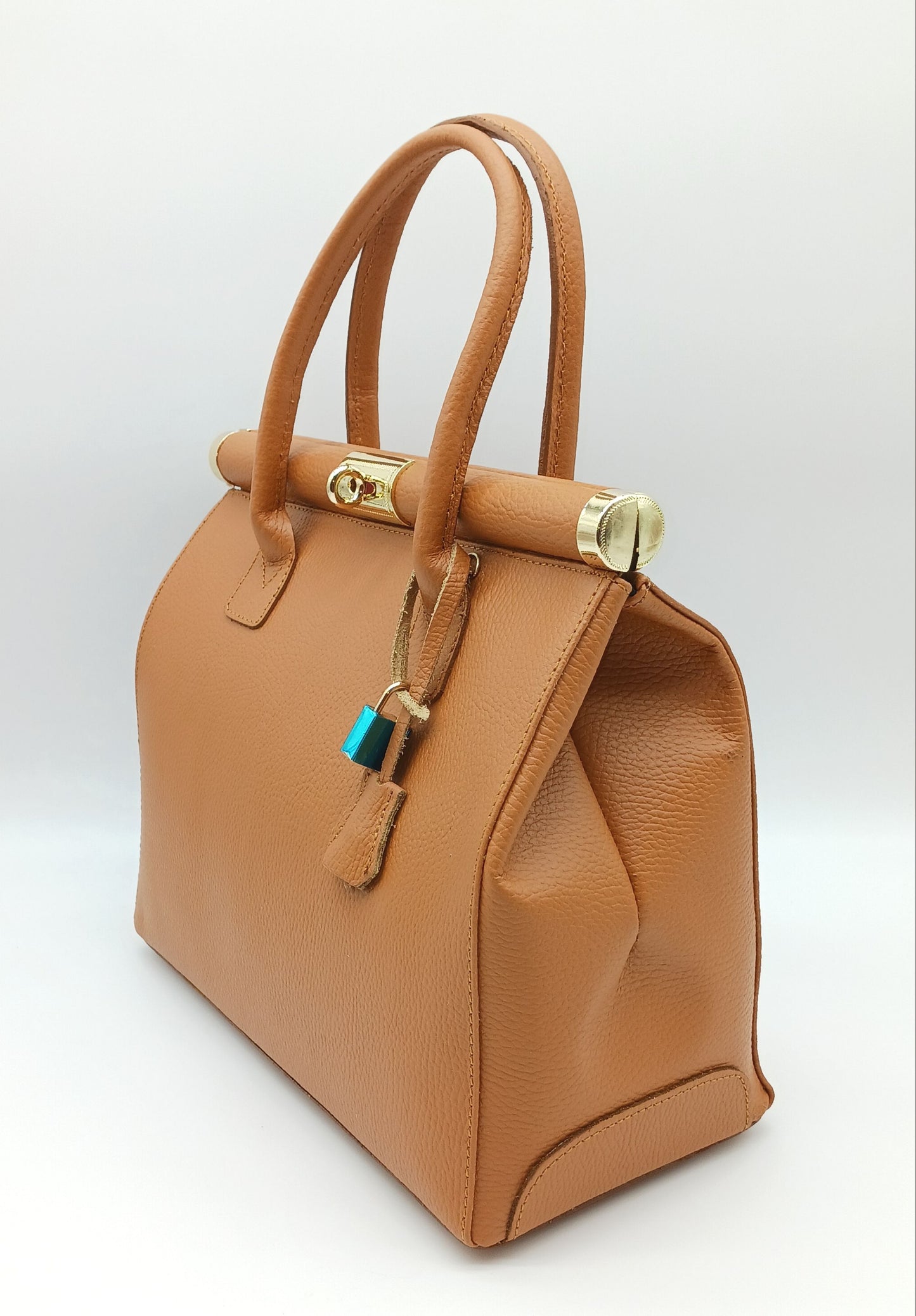 Lock & Key Genuine Pebble Leather Handbag Satchel - Cognac Brown – Made In Italy
