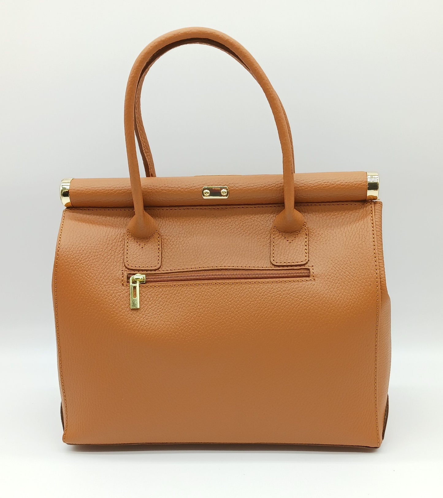 Lock & Key Genuine Pebble Leather Handbag Satchel - Cognac Brown – Made In Italy