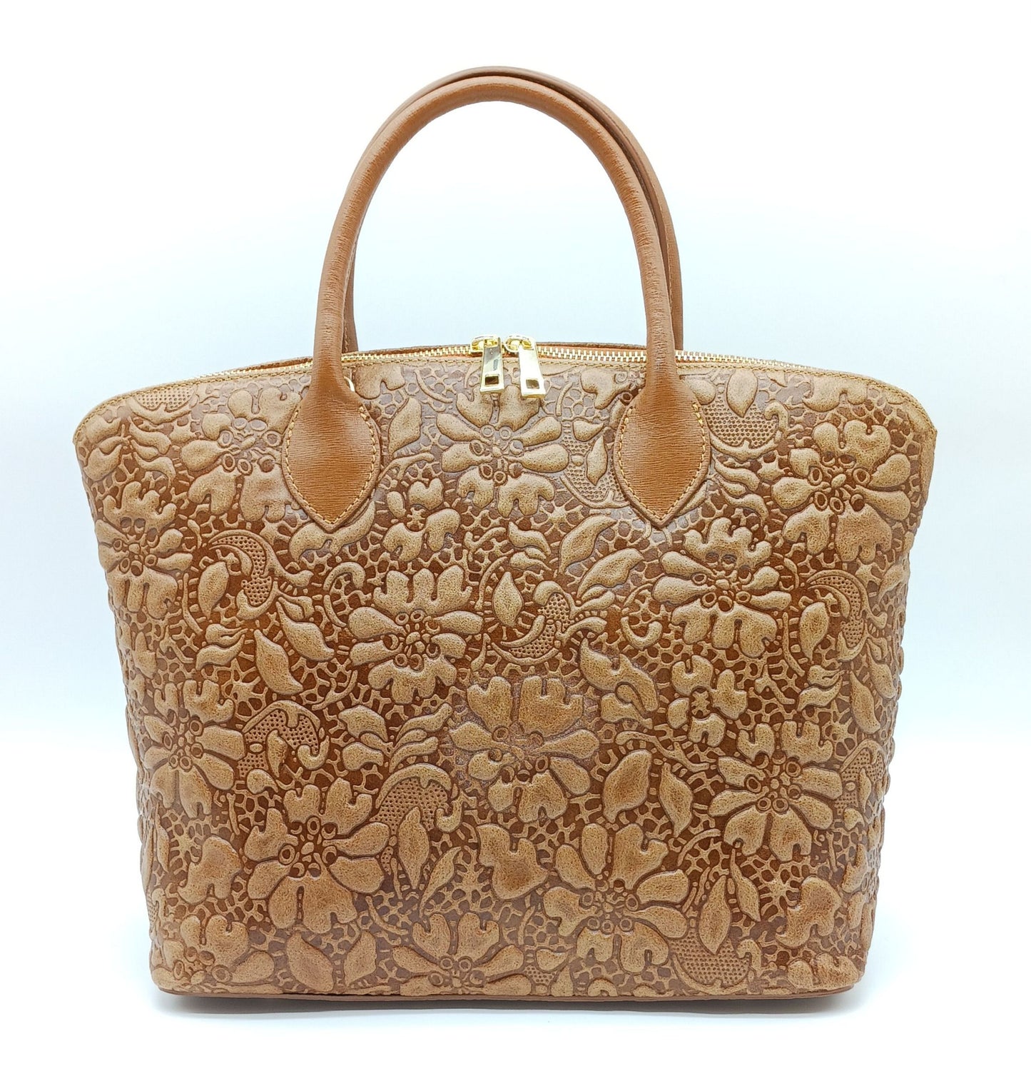 Brown Genuine Leather Floral Embossed Handbag Satchel – Made In Italy