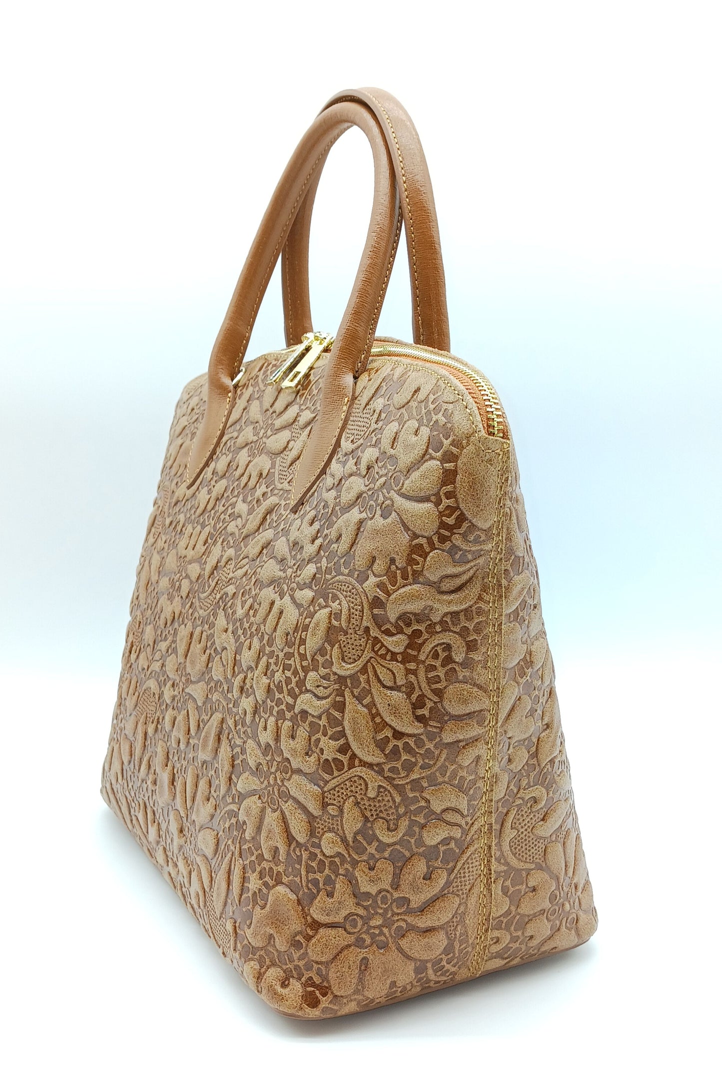 Brown Genuine Leather Floral Embossed Handbag Satchel – Made In Italy