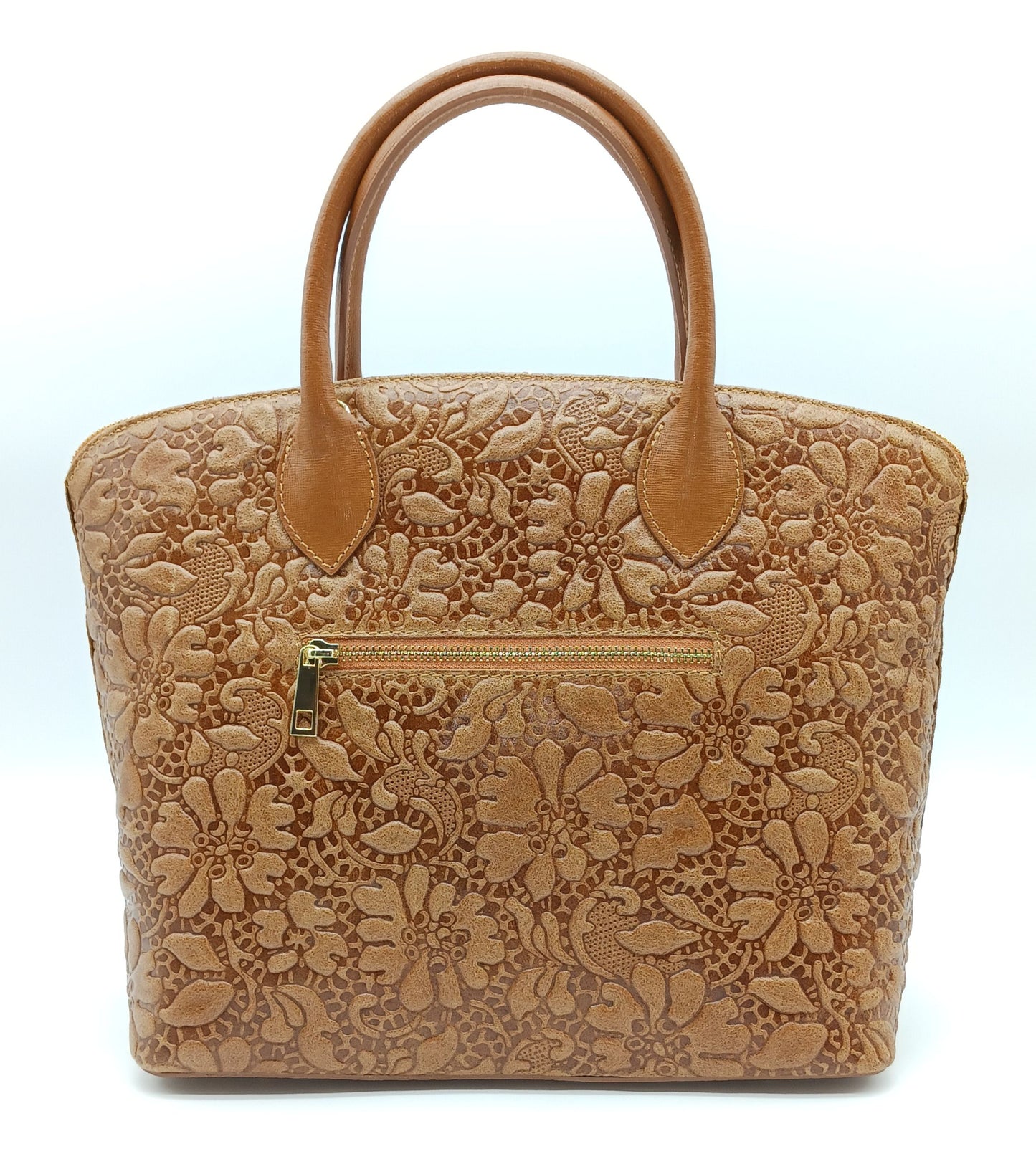 Brown Genuine Leather Floral Embossed Handbag Satchel – Made In Italy
