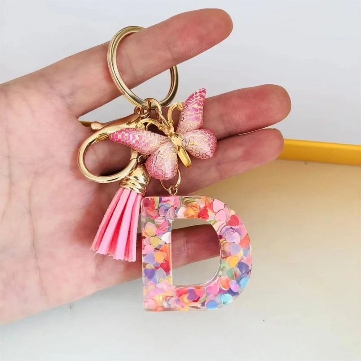 Pink Personalized Resin Alphabet Initial Tassel Butterfly Keychain Bag Charm
