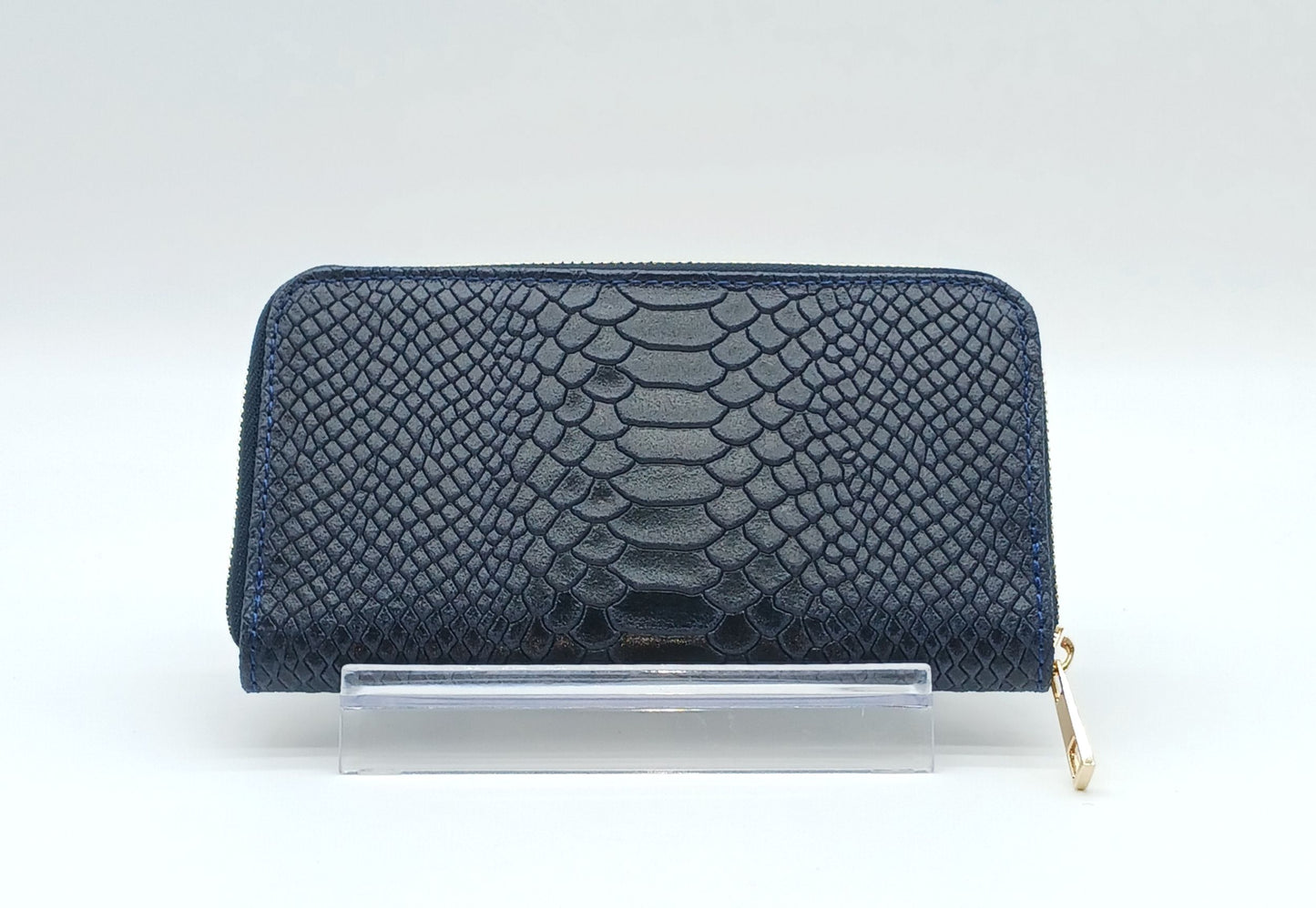 Genuine Snake Embossed Leather Zip Wallet – Made In Italy - Dark Blue