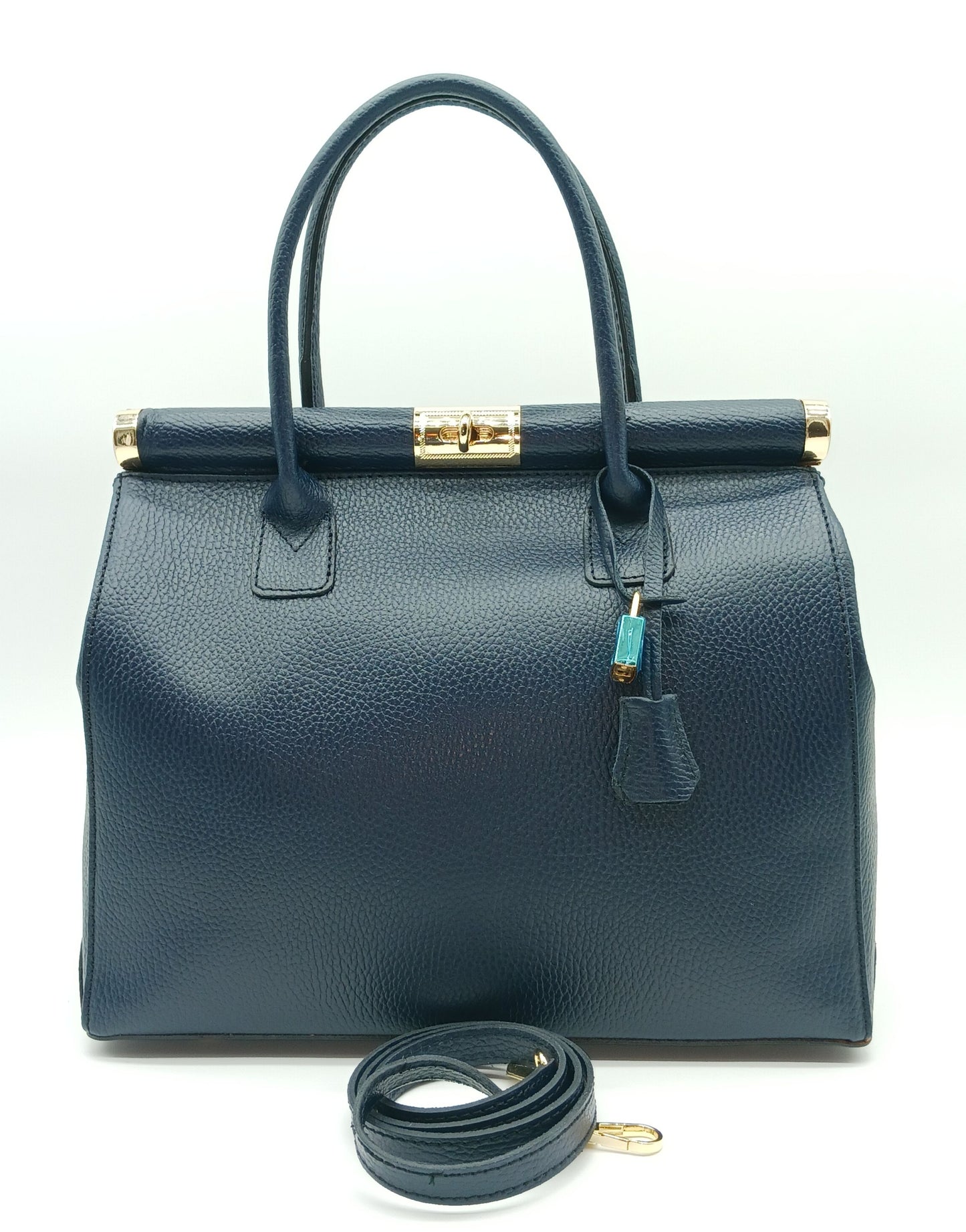 Lock & Key Genuine Pebble Leather Handbag Satchel - Dark Blue – Made In Italy