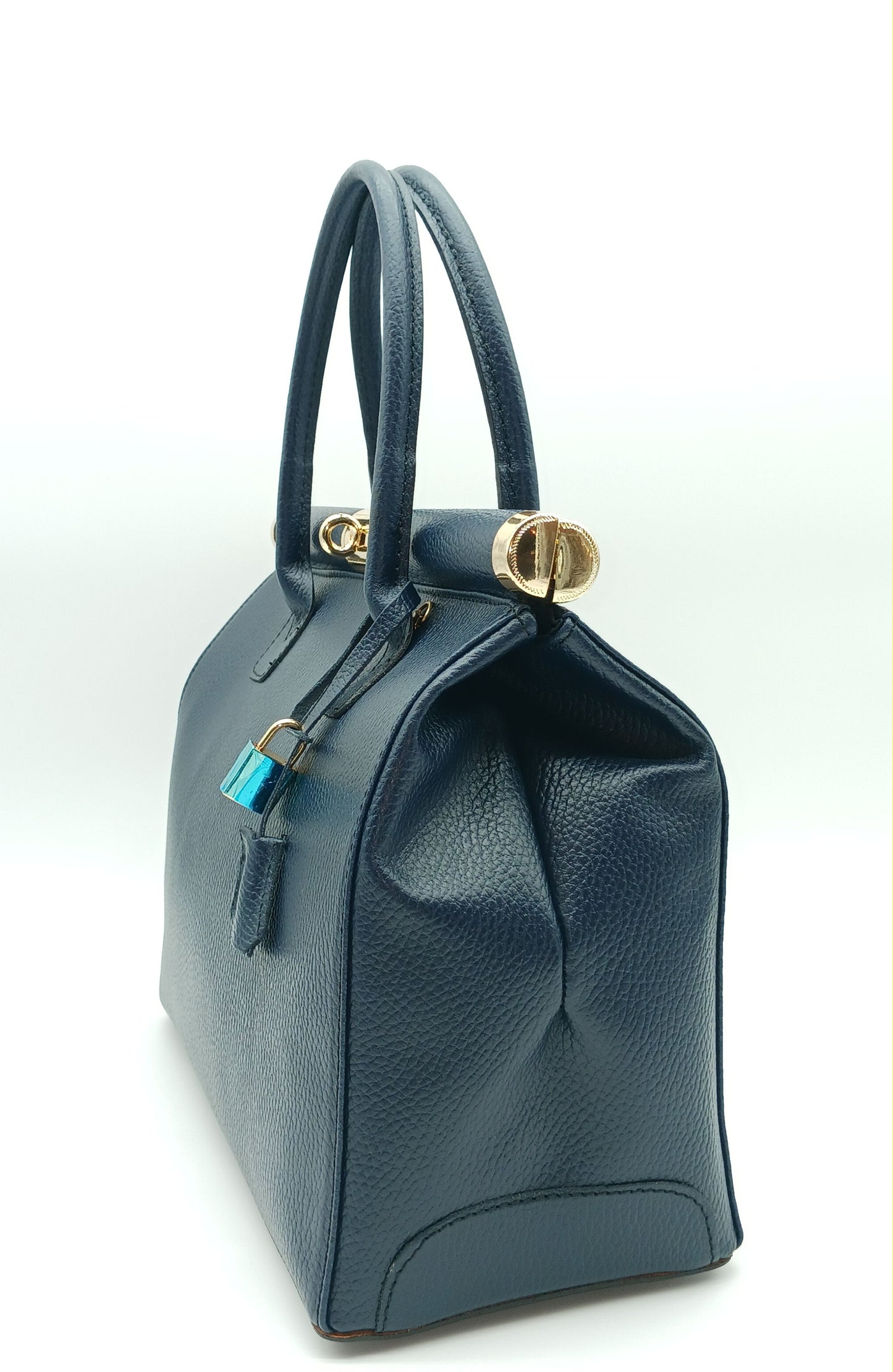 Lock & Key Genuine Pebble Leather Handbag Satchel - Dark Blue – Made In Italy