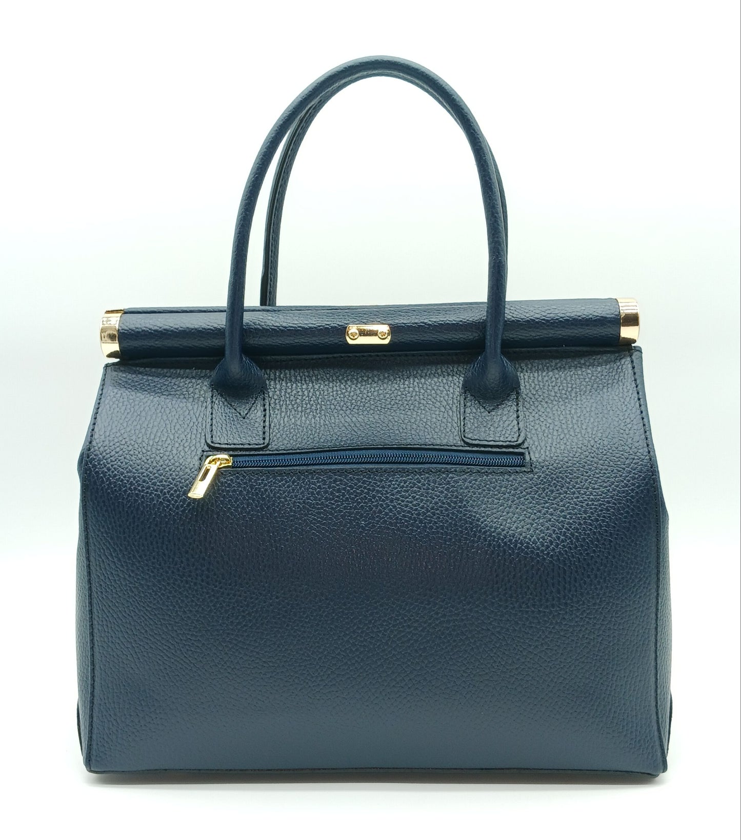 Lock & Key Genuine Pebble Leather Handbag Satchel - Dark Blue – Made In Italy