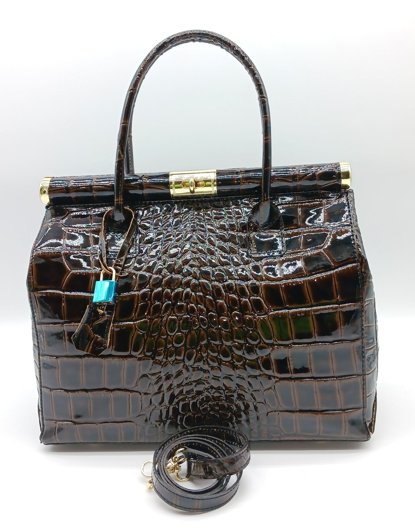 Lock & Key Shiny Croc Embossed Genuine Leather Handbag Satchel – Made In Italy - Dark Brown
