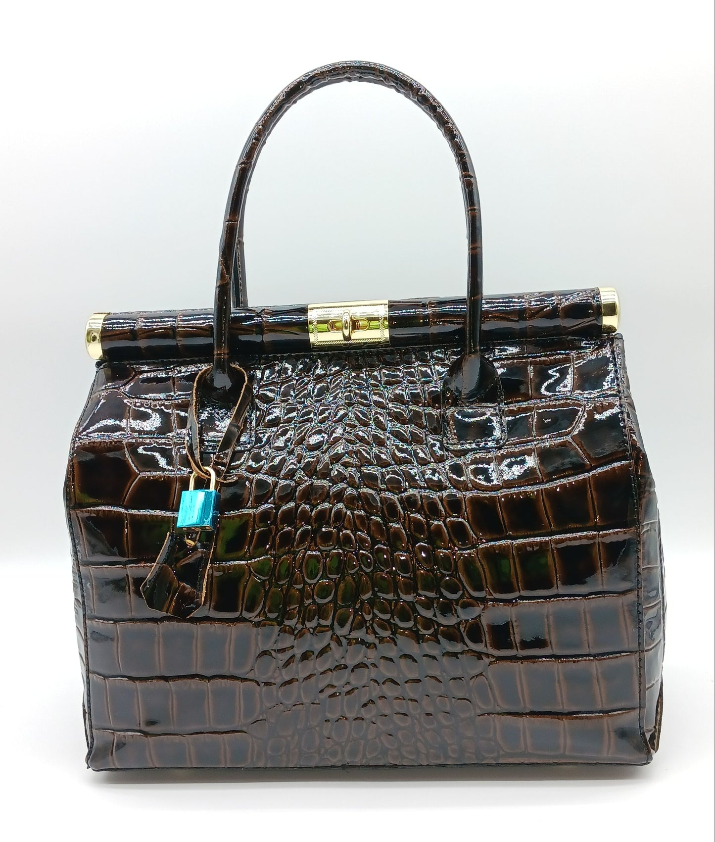 Lock & Key Shiny Croc Embossed Genuine Leather Handbag Satchel – Made In Italy - Dark Brown