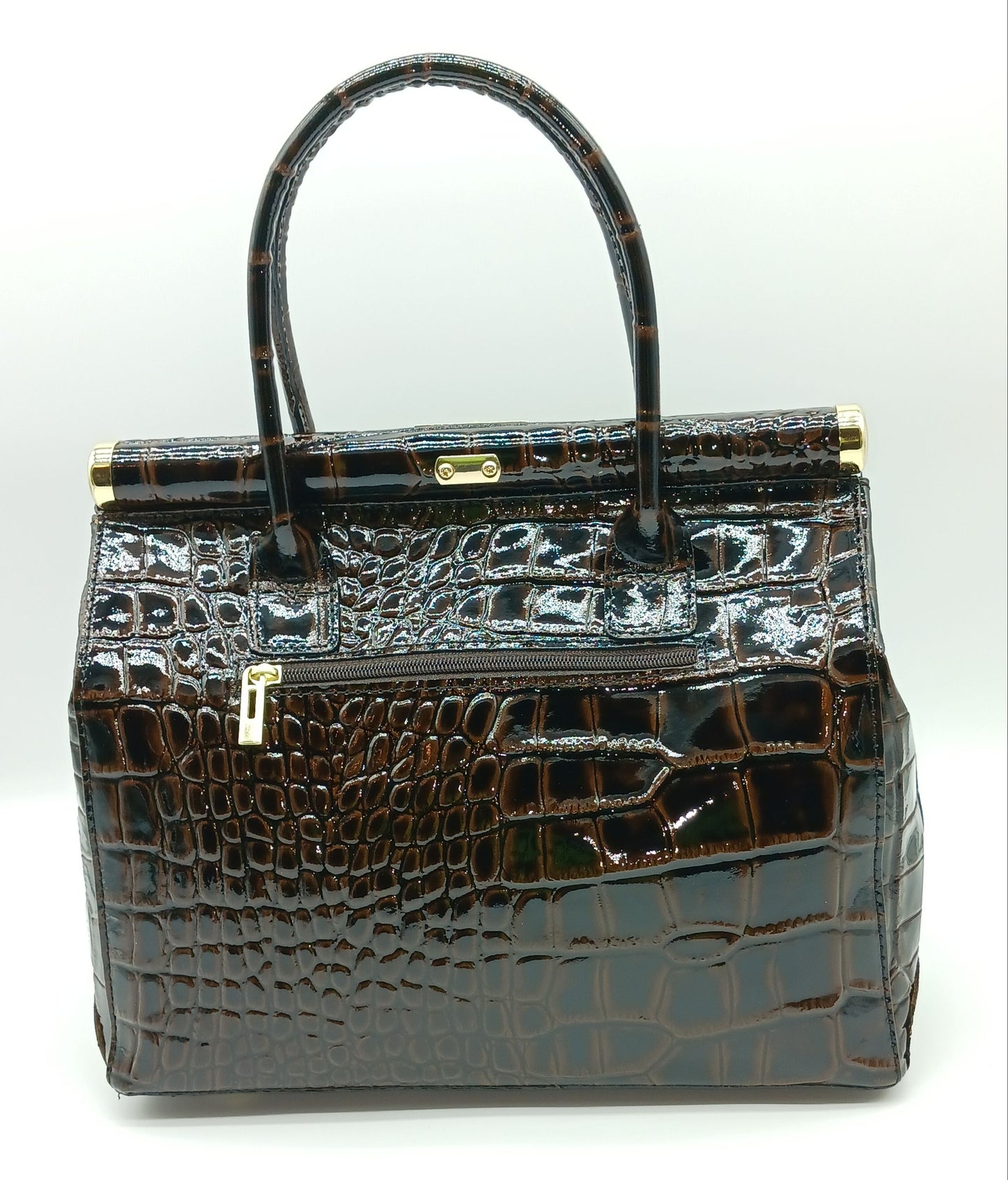 Lock & Key Shiny Croc Embossed Genuine Leather Handbag Satchel – Made In Italy - Dark Brown