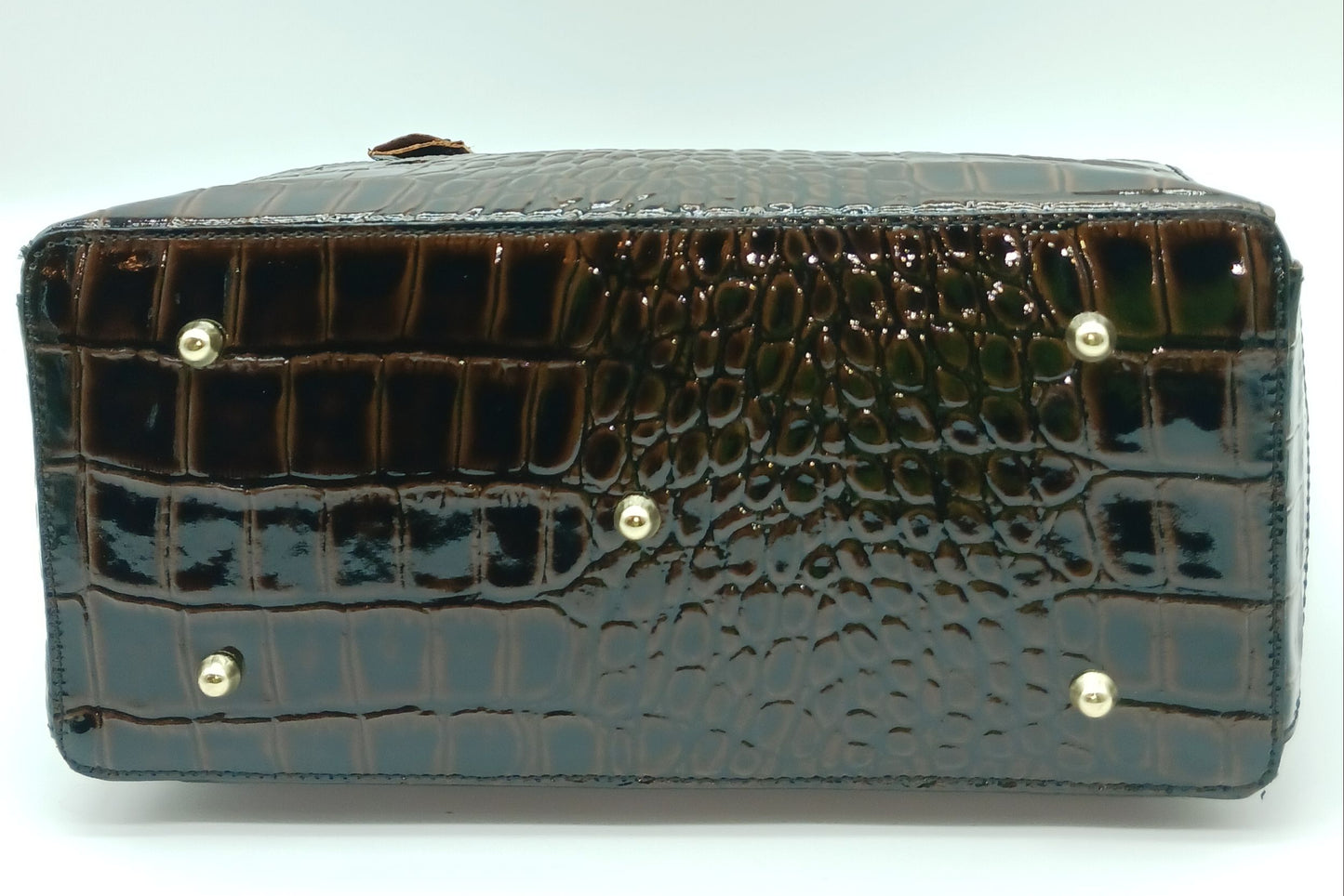 Lock & Key Shiny Croc Embossed Genuine Leather Handbag Satchel – Made In Italy - Dark Brown