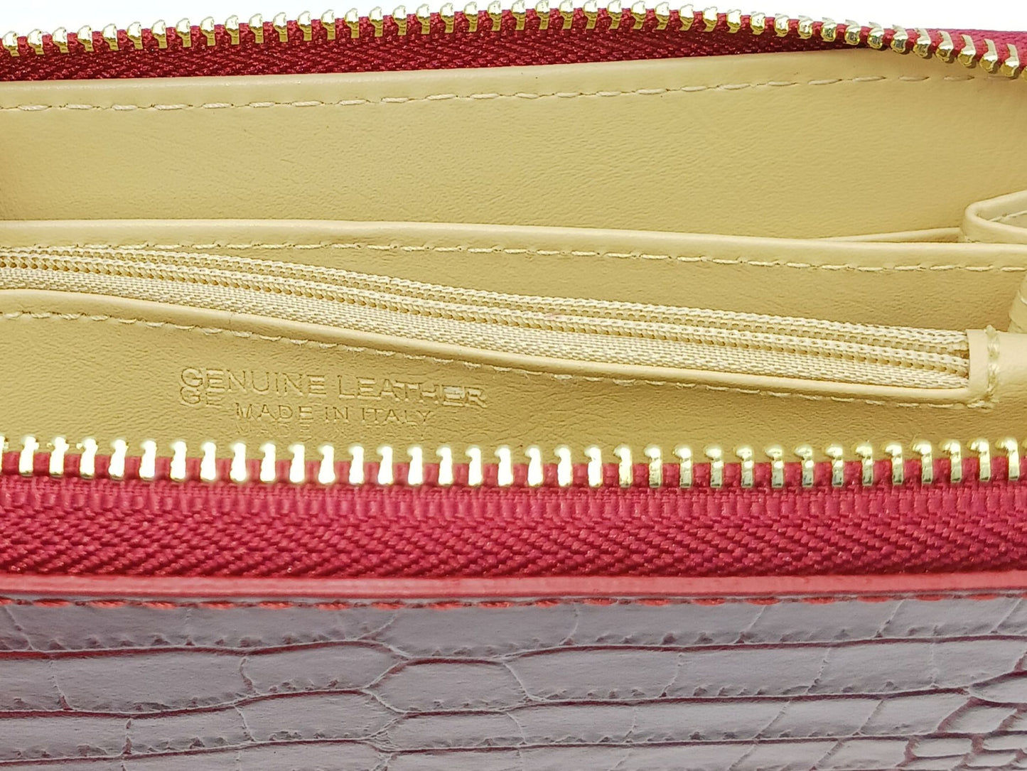 Genuine Croc Embossed Leather Zip Wallet – Made In Italy - Dark Red