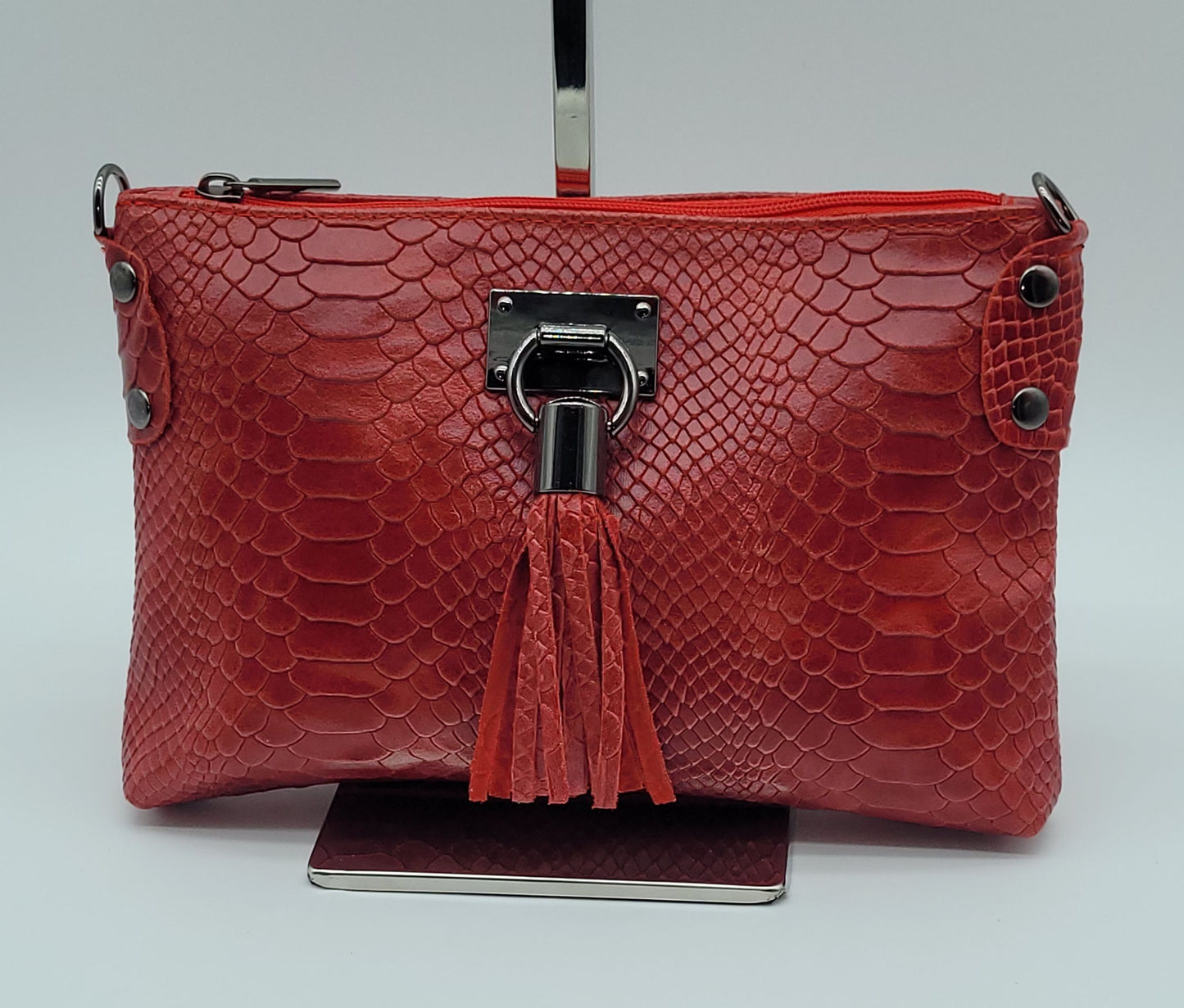 Snake Embossed Genuine Leather Crossbody Handbag - Dark Red – Made In Italy - DumasvilleBoutique