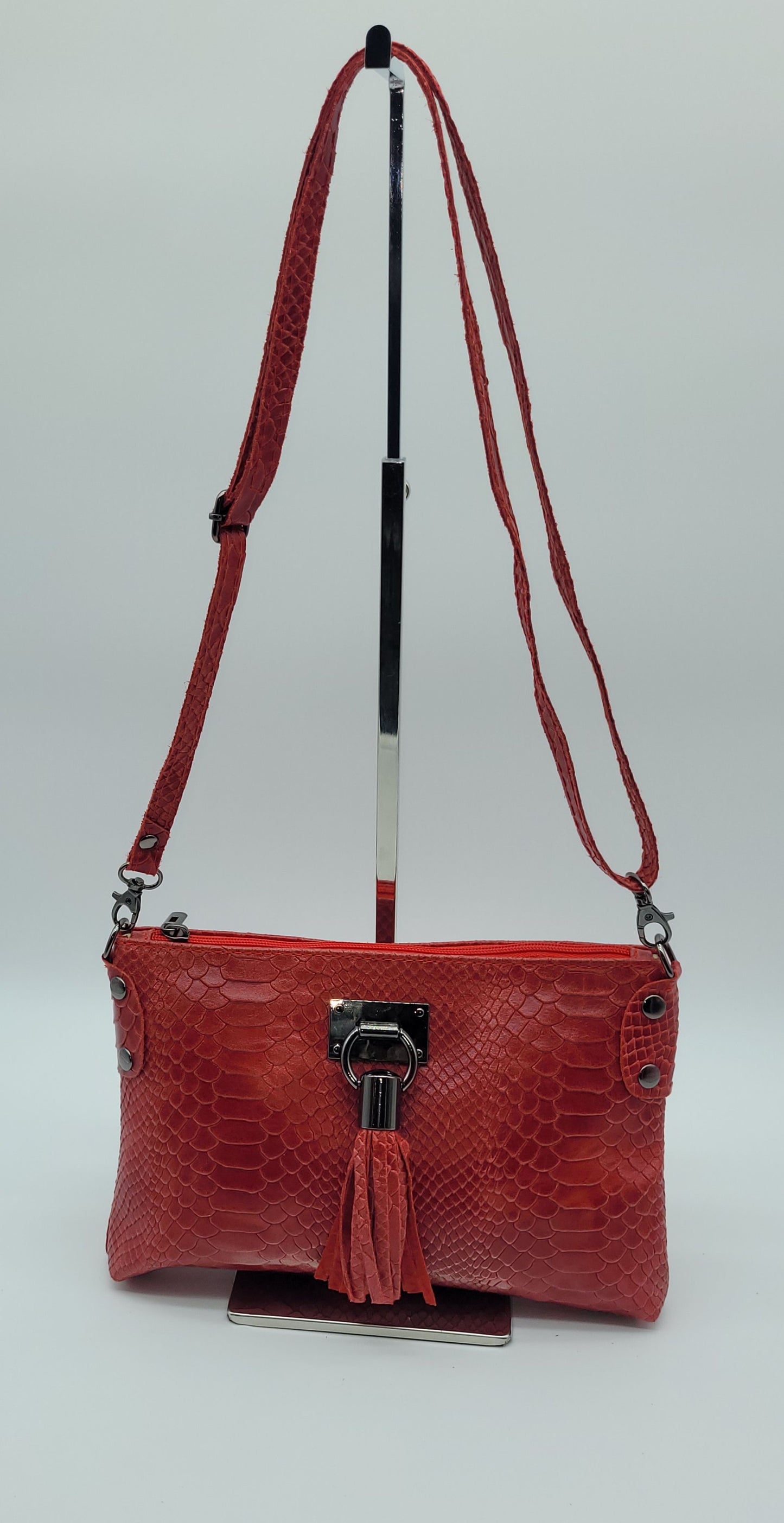Snake Embossed Genuine Leather Crossbody Handbag - Dark Red – Made In Italy - DumasvilleBoutique