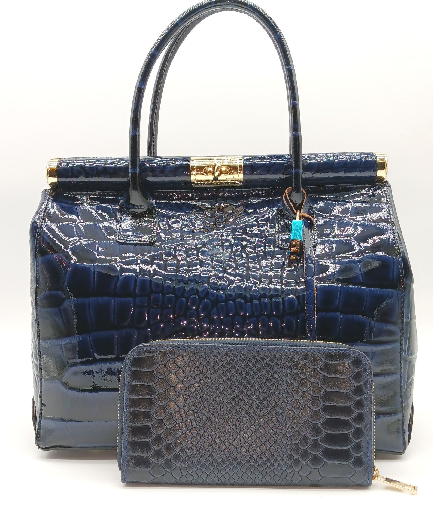 Genuine Snake Embossed Leather Zip Wallet – Made In Italy - Dark Blue