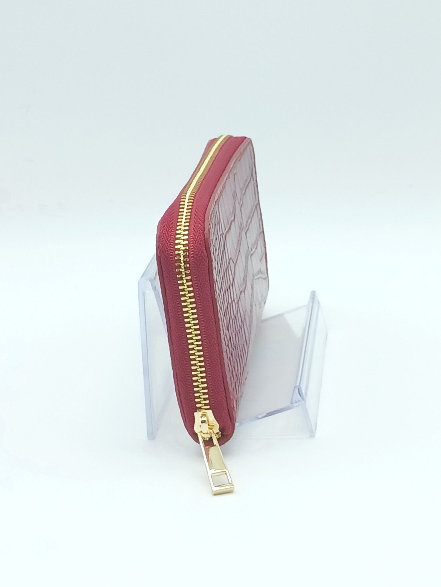 Genuine Croc Embossed Leather Zip Wallet – Made In Italy - Dark Red