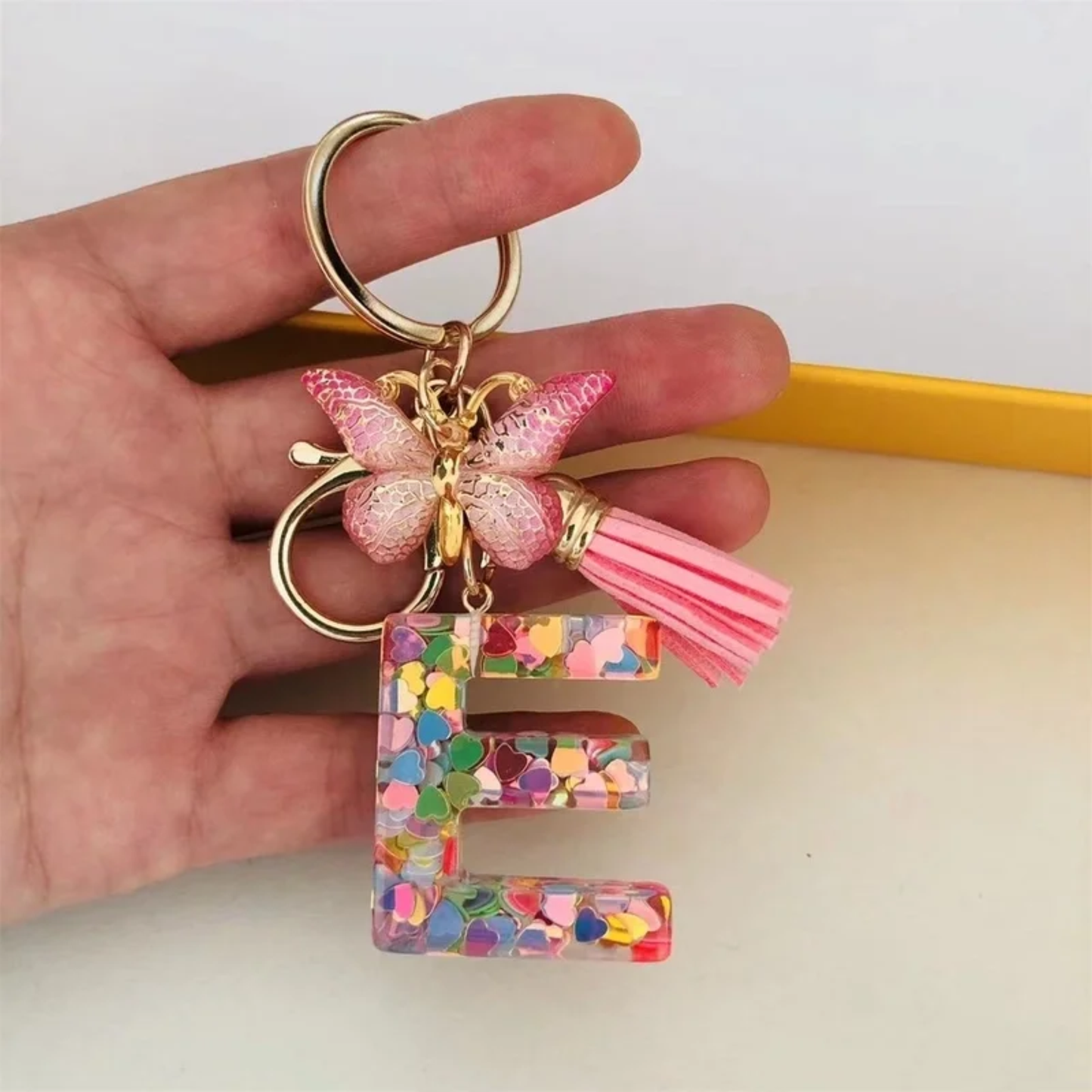Pink Personalized Resin Alphabet Initial Tassel Butterfly Keychain Bag Charm