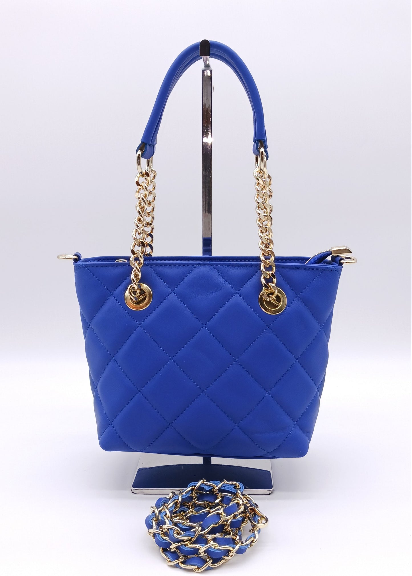 Genuine Leather Small Quilted Tote Crossbody Handbag – Made In Italy - Electric Blue