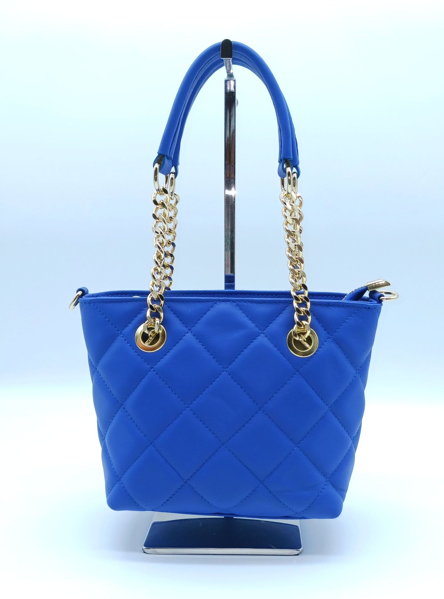 Genuine Leather Small Quilted Tote Crossbody Handbag – Made In Italy - Electric Blue