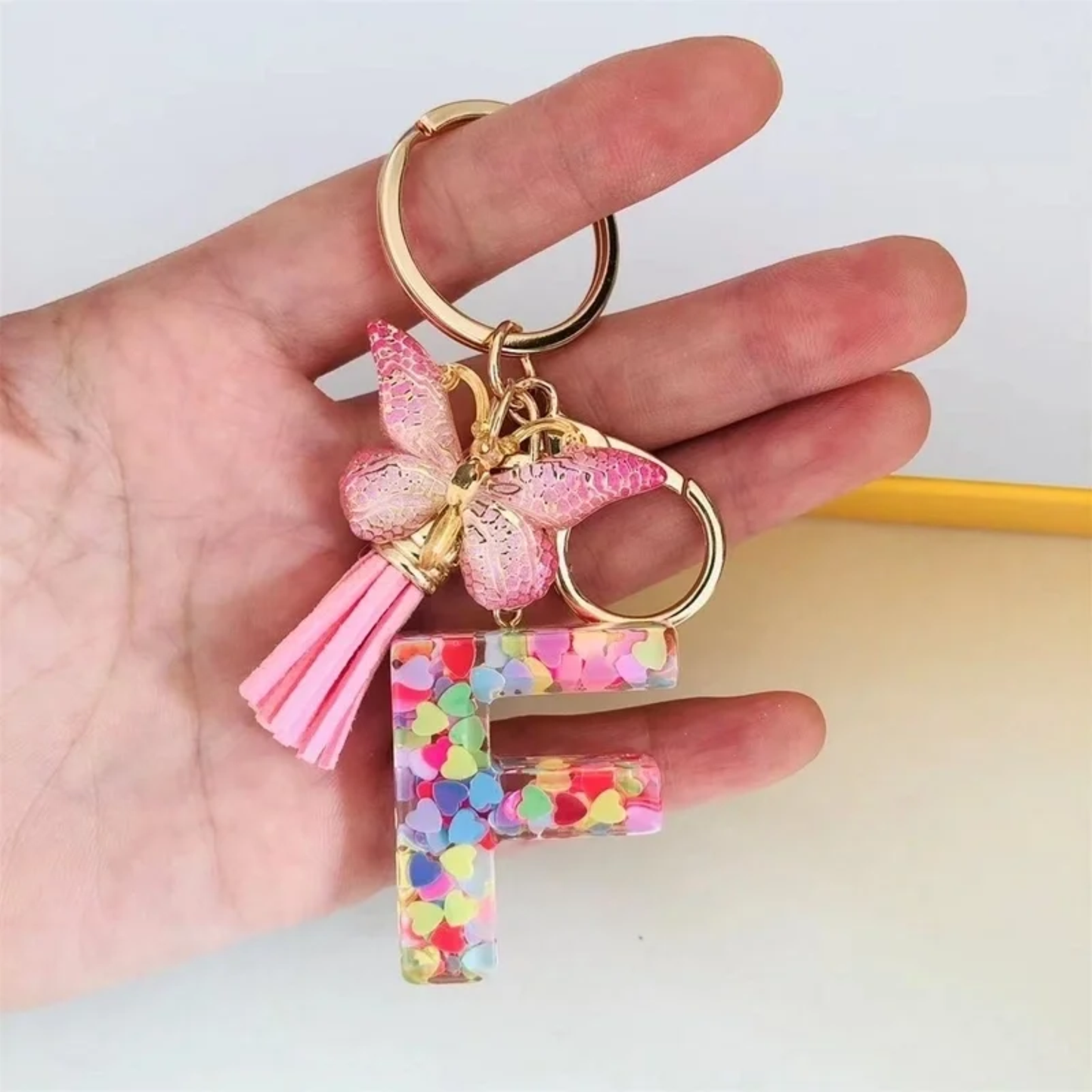Pink Personalized Resin Alphabet Initial Tassel Butterfly Keychain Bag Charm