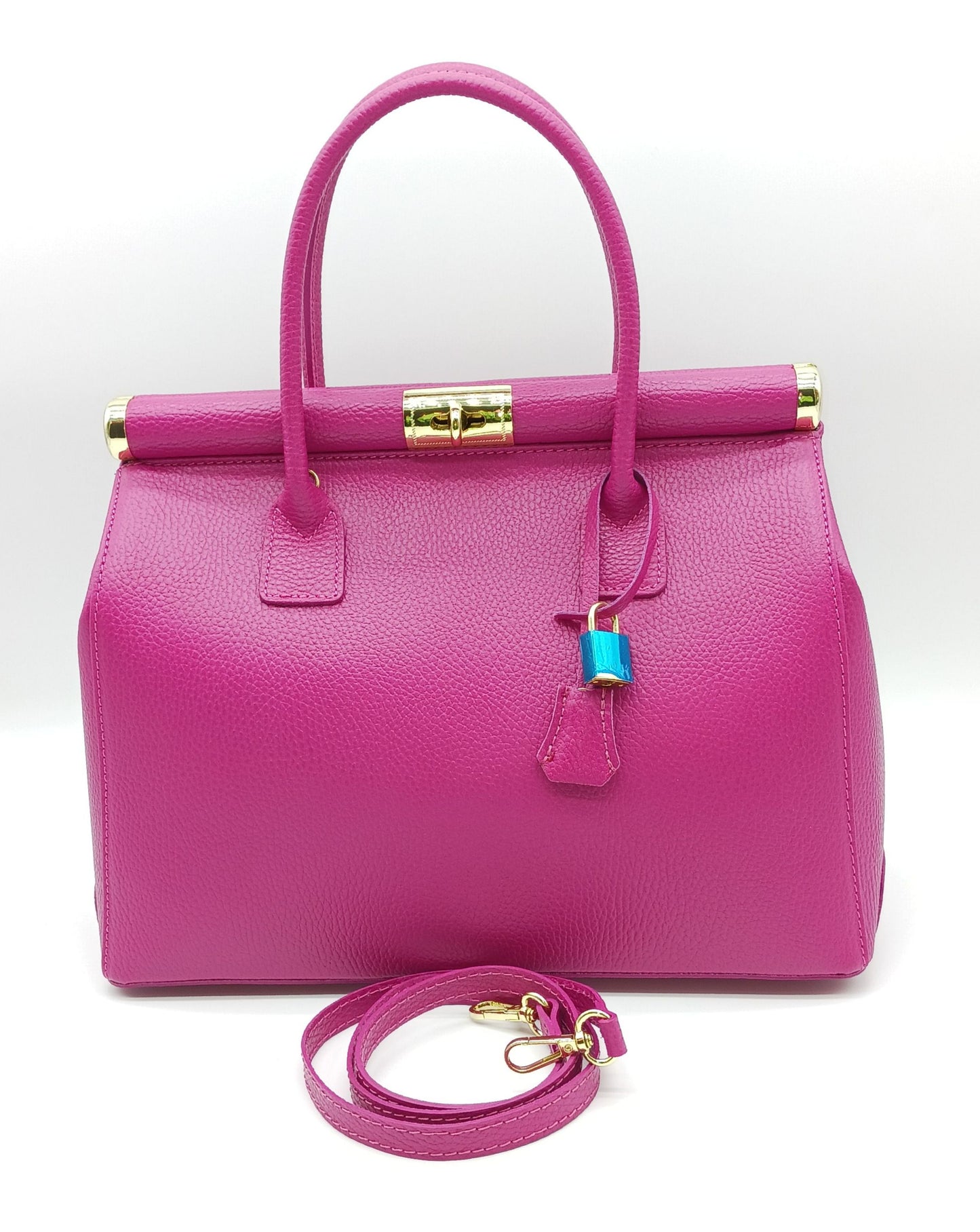 Lock & Key Genuine Pebble Leather Handbag Satchel - Fuchsia – Made In Italy