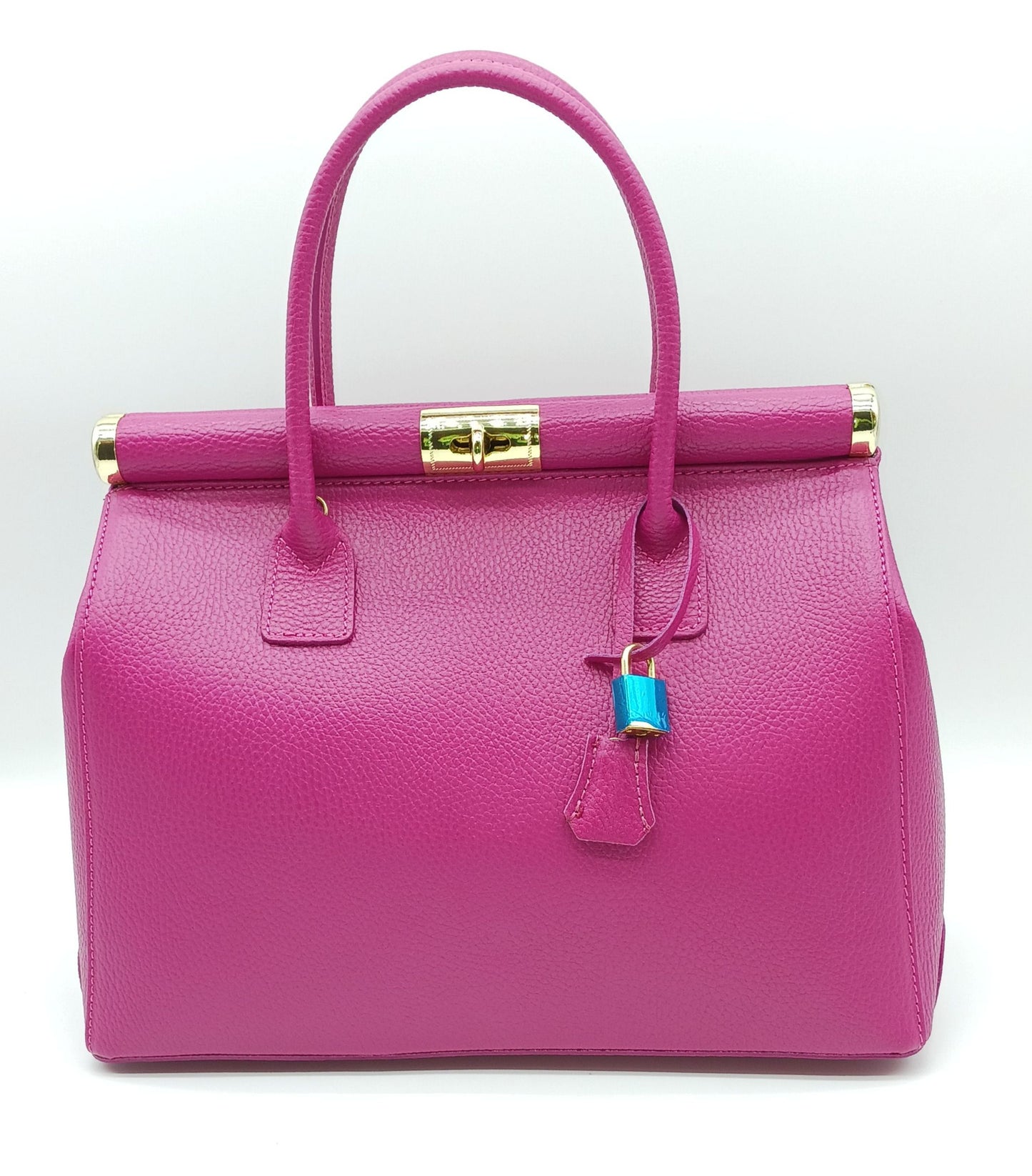Lock & Key Genuine Pebble Leather Handbag Satchel - Fuchsia – Made In Italy