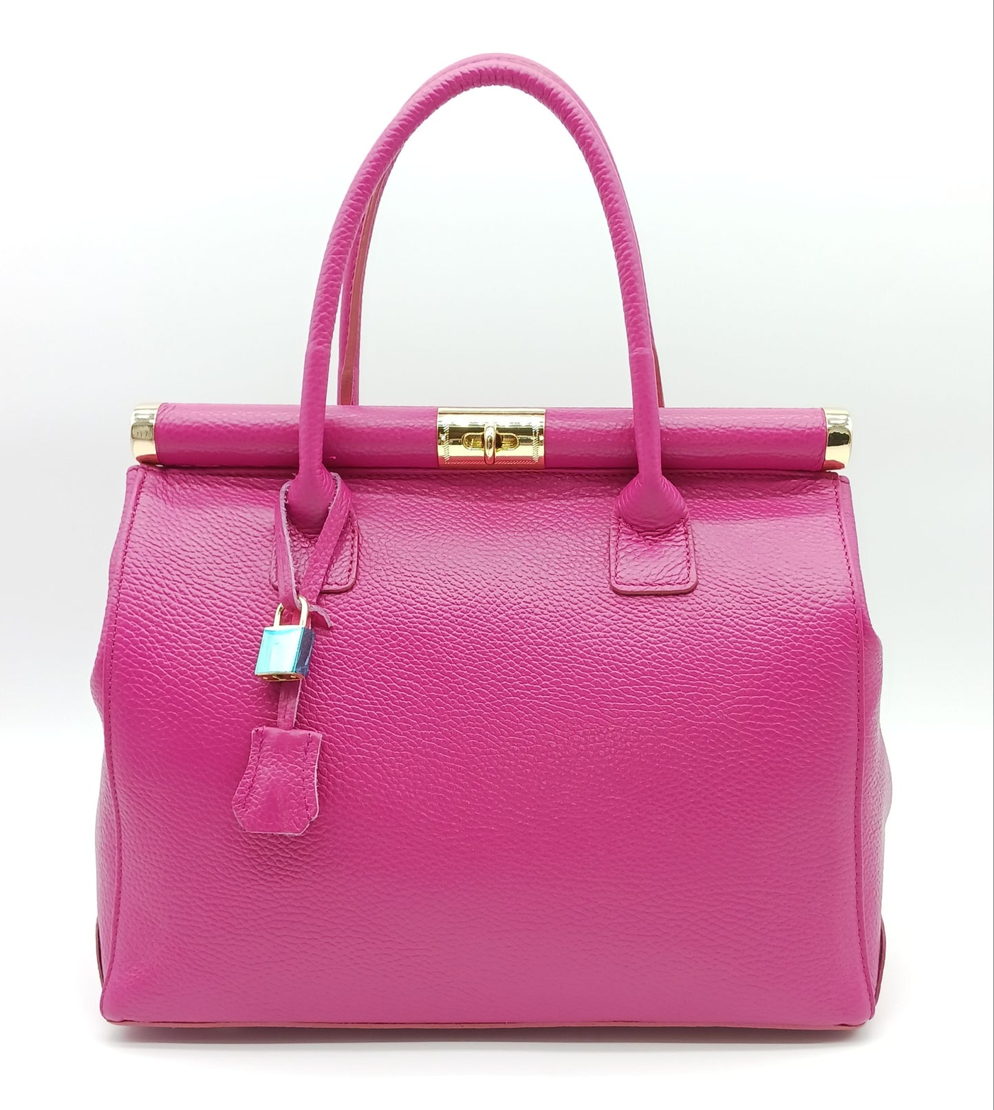 Lock & Key Genuine (Treated) Pebble Leather Handbag Satchel - Fuchsia #2 – Made In Italy