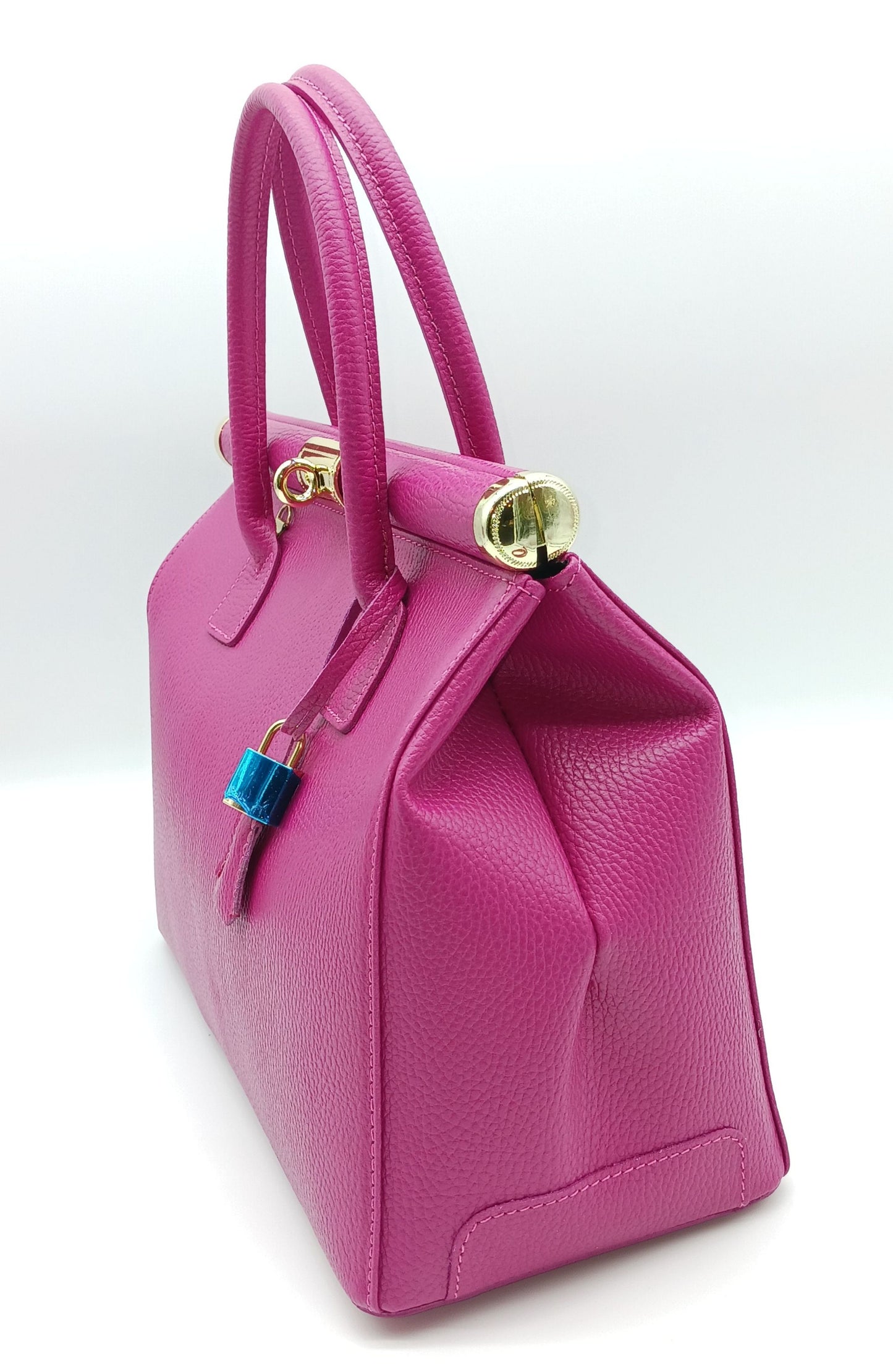 Lock & Key Genuine Pebble Leather Handbag Satchel - Fuchsia – Made In Italy