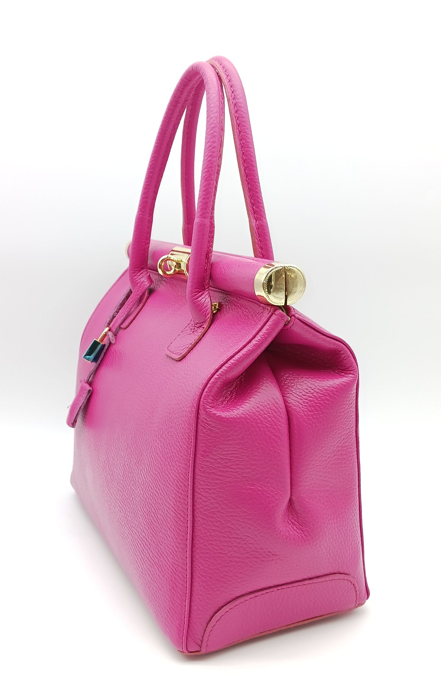 Lock & Key Genuine (Treated) Pebble Leather Handbag Satchel - Fuchsia #2 – Made In Italy
