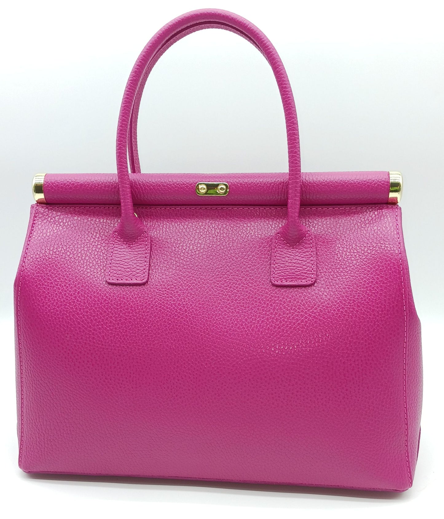 Lock & Key Genuine Pebble Leather Handbag Satchel - Fuchsia – Made In Italy