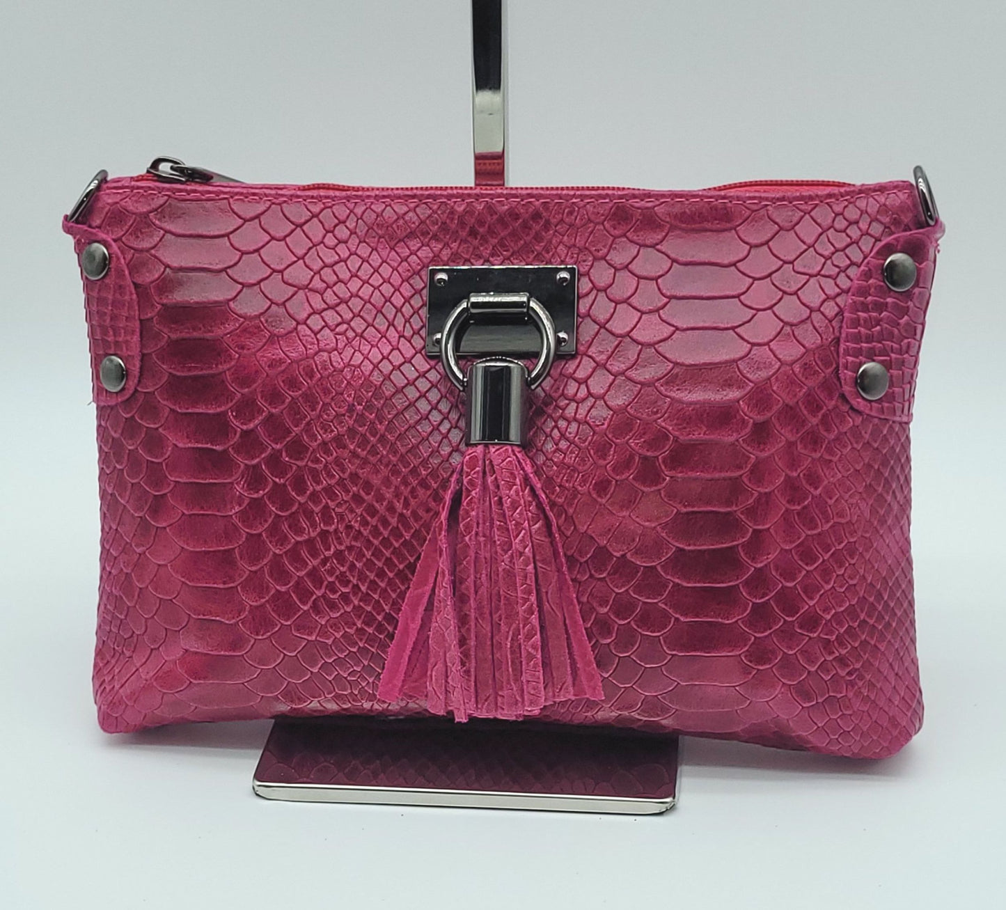 Snake Embossed Genuine Leather Crossbody Handbag - Fuchsia – Made In Italy