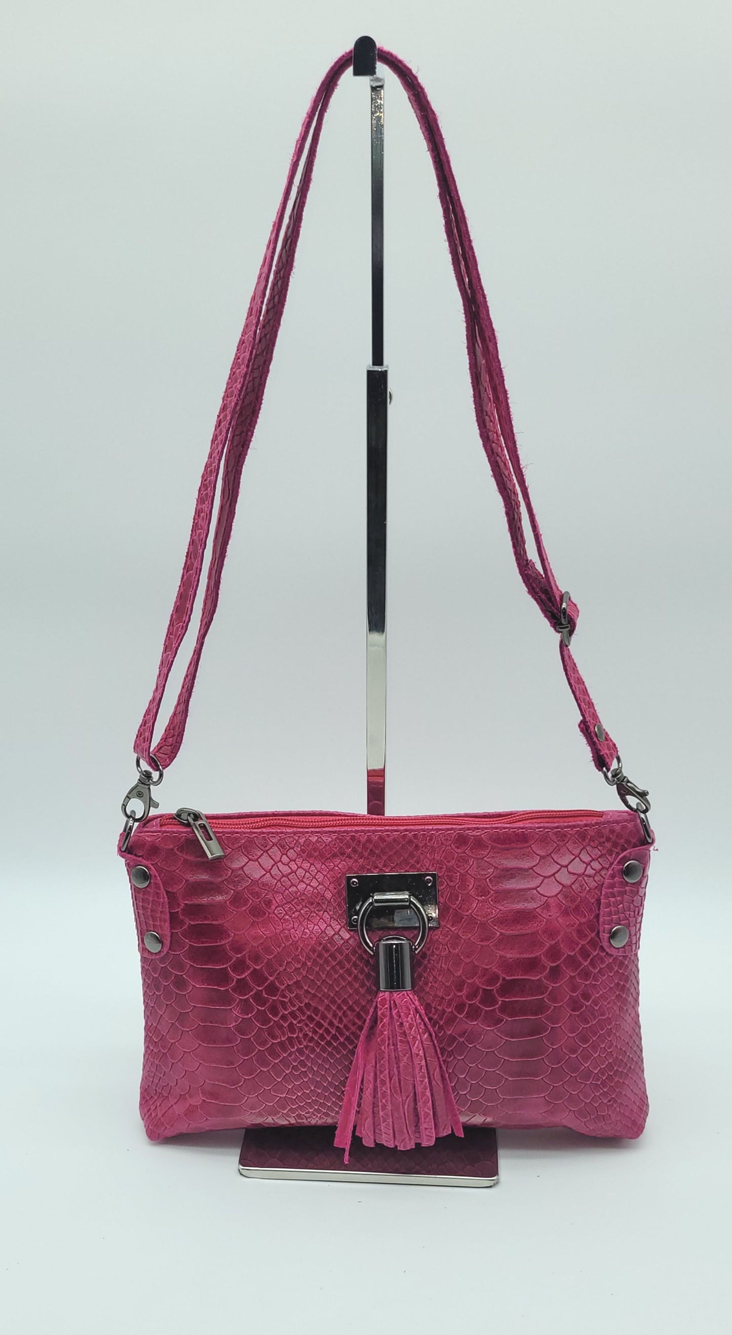 Snake Embossed Genuine Leather Crossbody Handbag - Fuchsia – Made In Italy