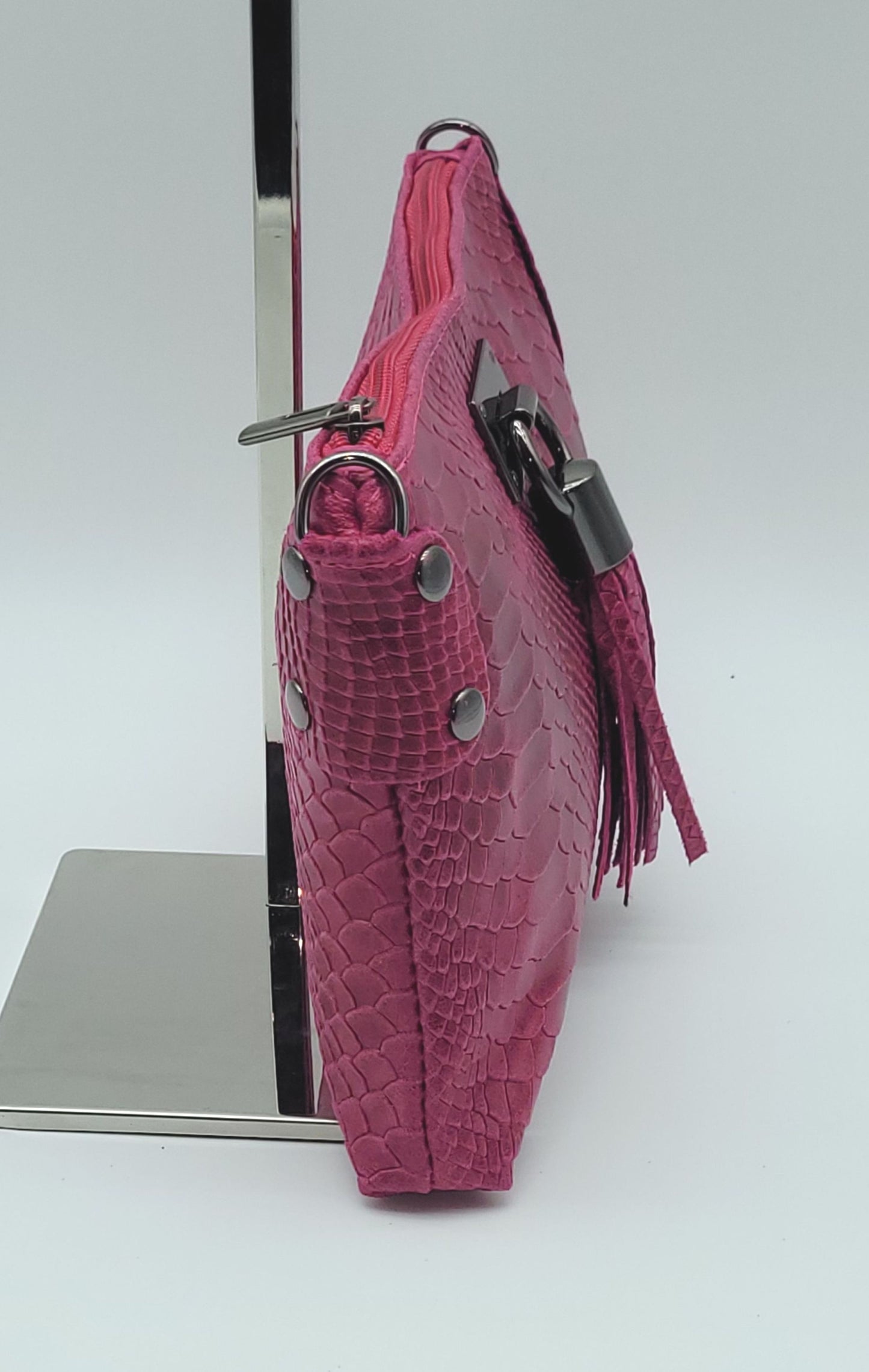 Snake Embossed Genuine Leather Crossbody Handbag - Fuchsia – Made In Italy