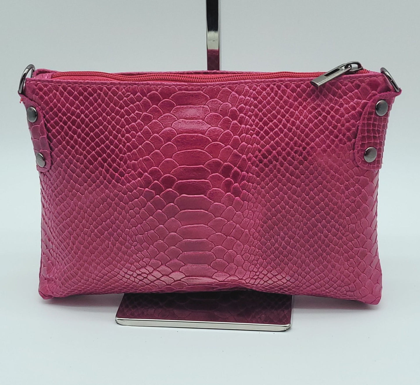Snake Embossed Genuine Leather Crossbody Handbag - Fuchsia – Made In Italy