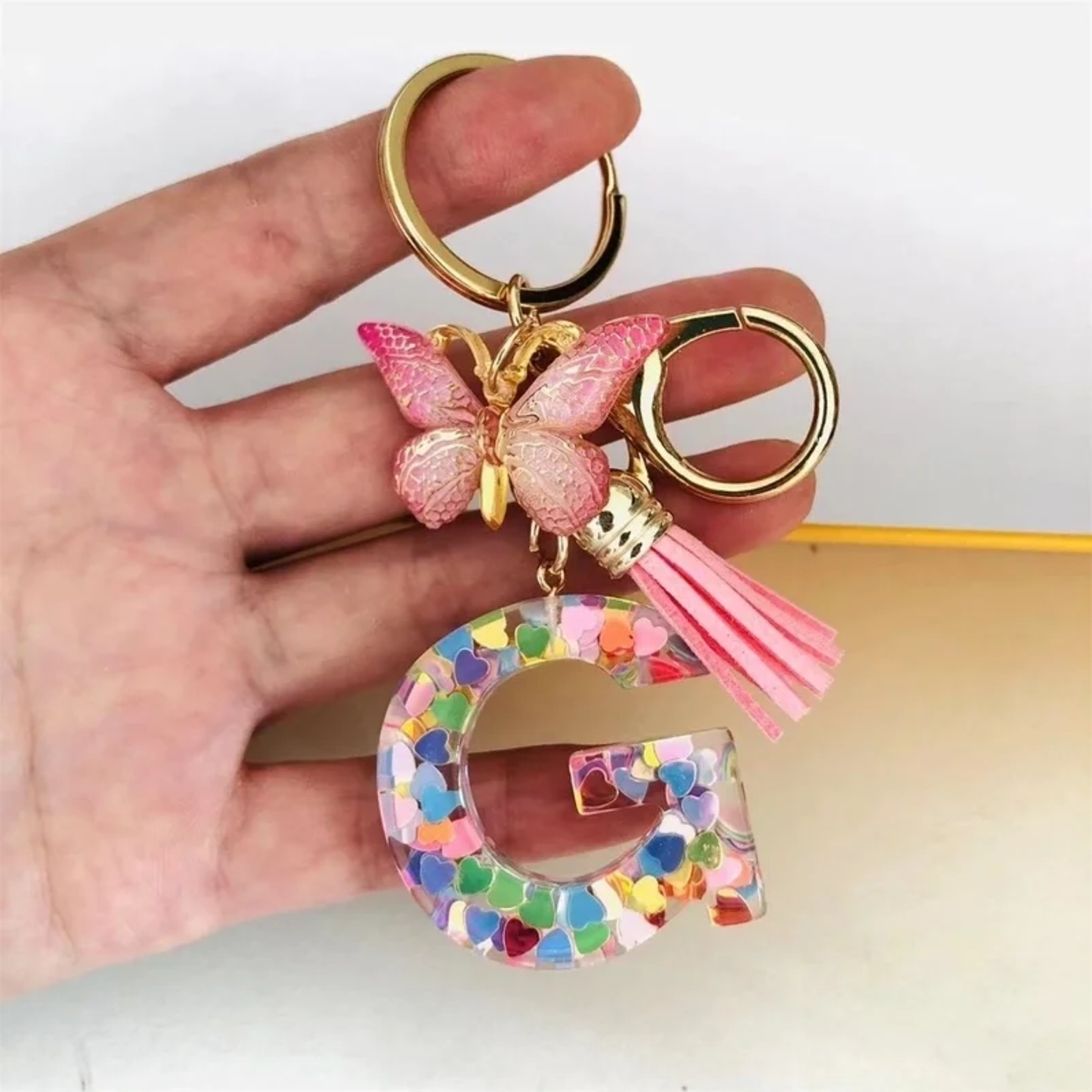 Pink Personalized Resin Alphabet Initial Tassel Butterfly Keychain Bag Charm