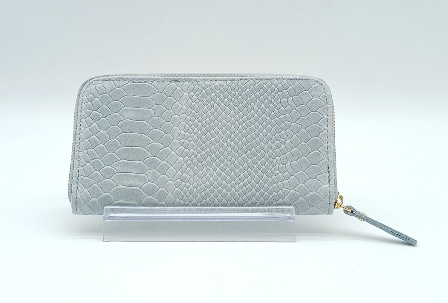 Genuine Snake Embossed Leather Zip Wallet – Made In Italy - Gray