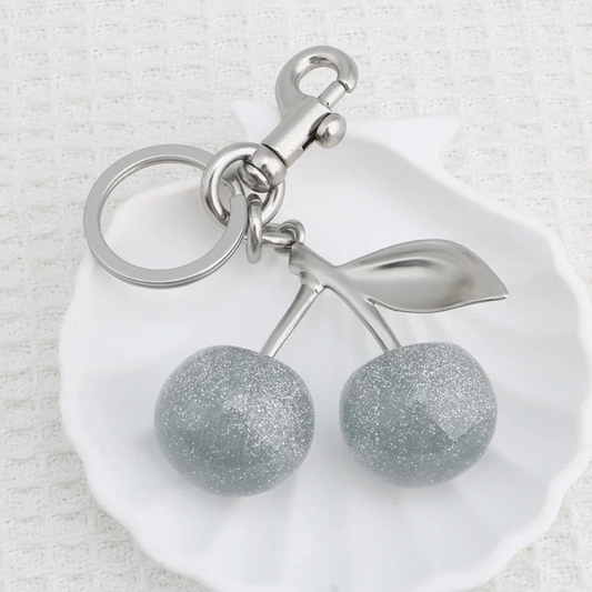 Gray/Silver Cherry Glitter Resin Keychain Bag Charm – Silver Metal