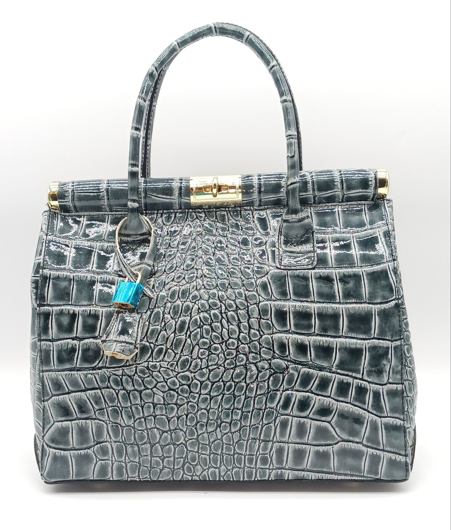 Lock & Key Shiny Croc Embossed Genuine Leather Handbag Satchel – Made In Italy - Gray